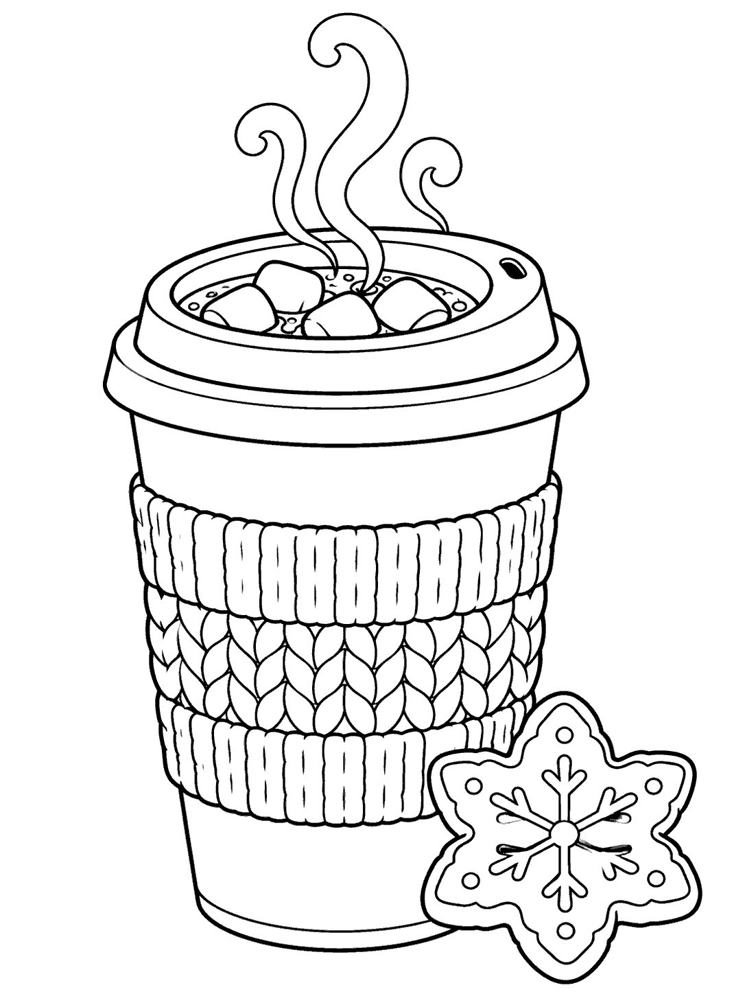 Black-and-white coloring page of a lidded travel cup with curling steam, a patterned knitted sleeve, and a snowflake cookie beside it.