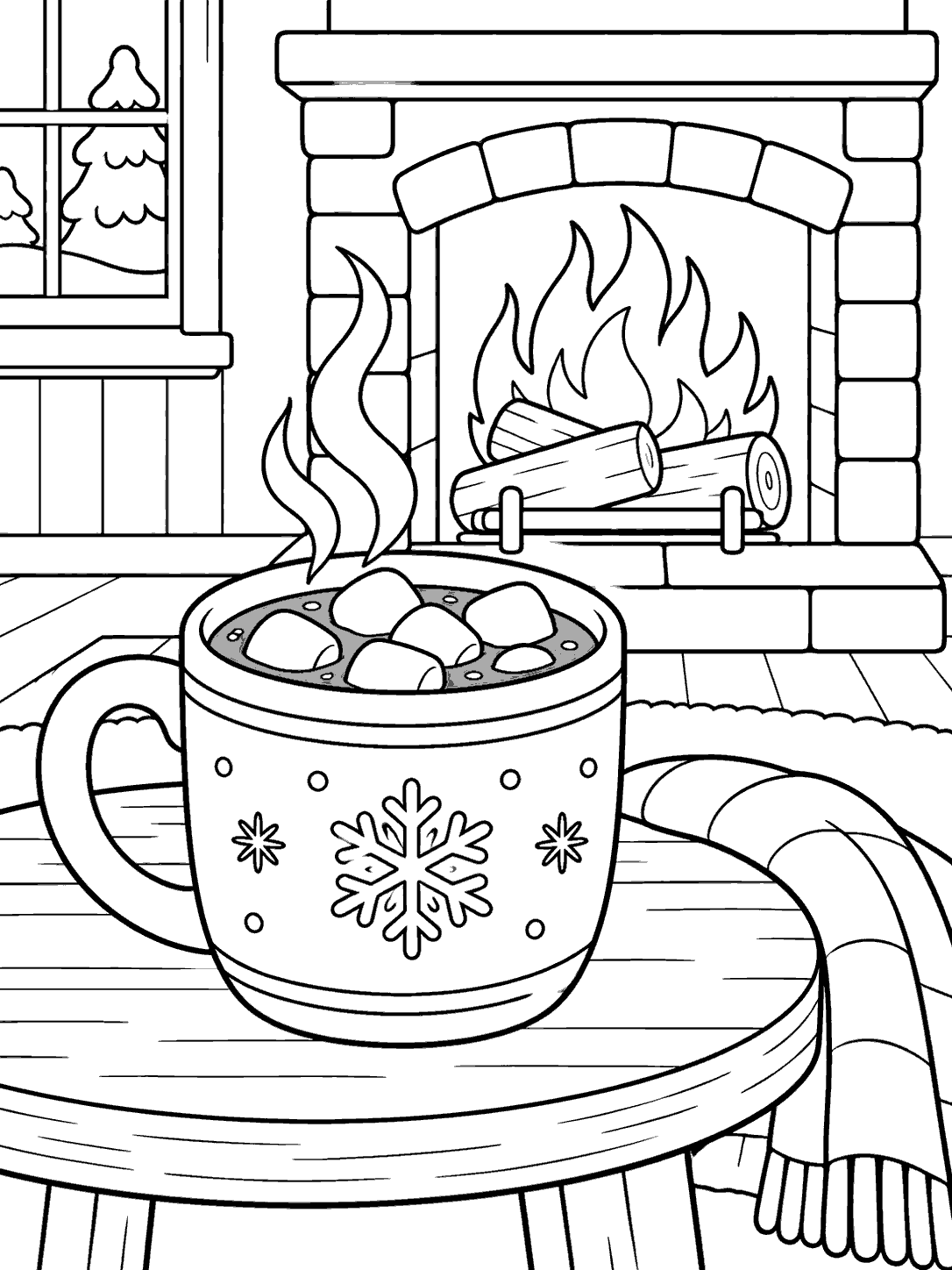 A decorated mug of hot chocolate with marshmallows sits on a low table in front of a brick fireplace with logs and flames.