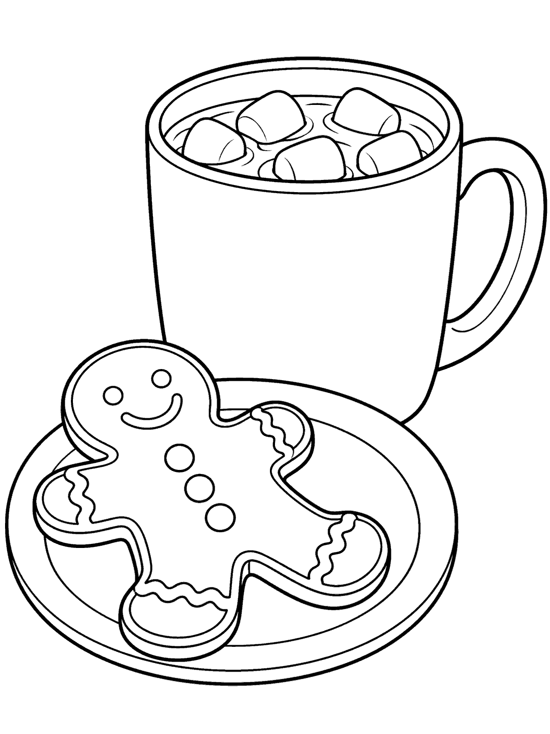 Black outline coloring page showing a large mug of hot chocolate with marshmallows and a smiling iced gingerbread cookie on a plate.