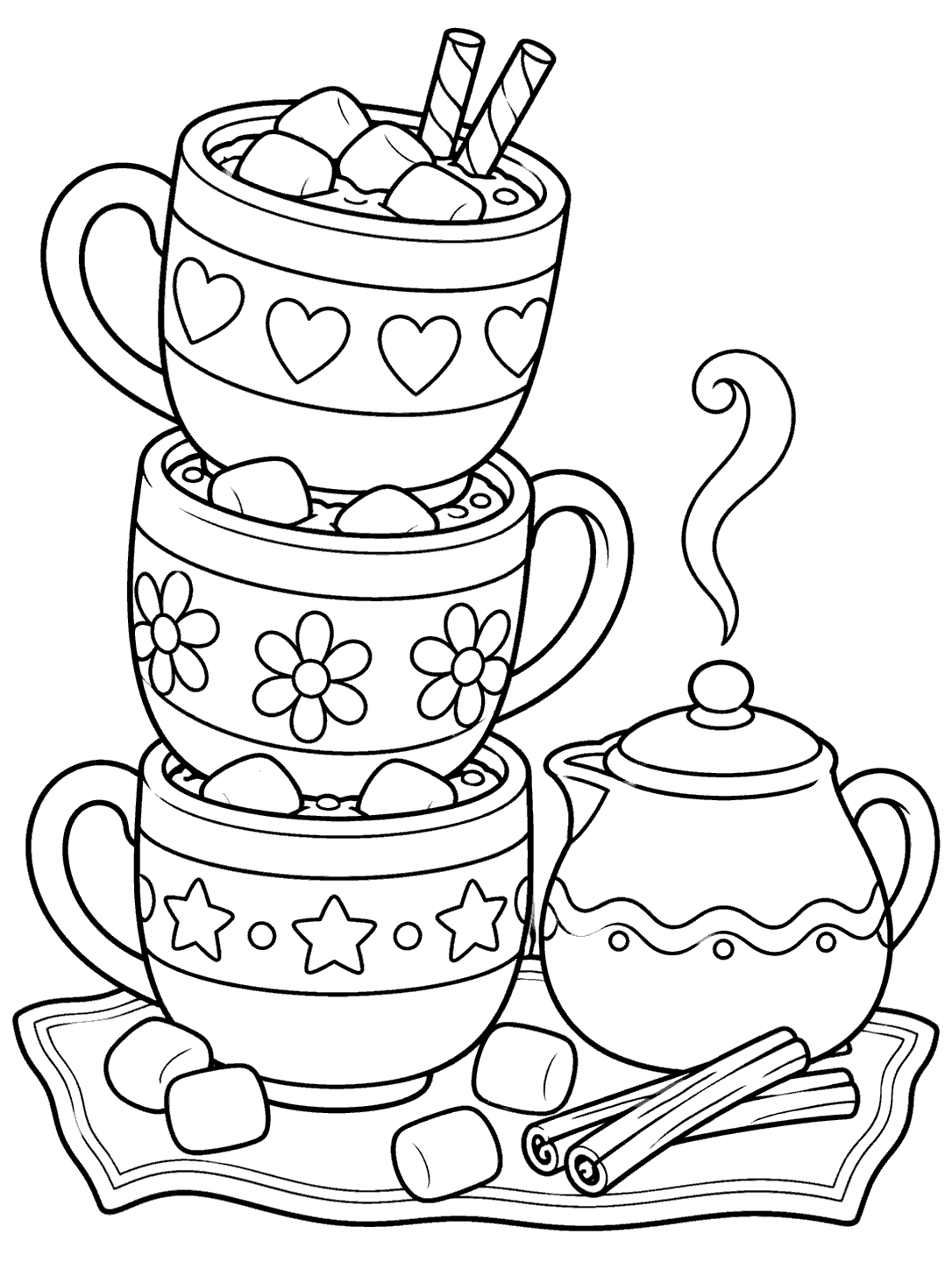 Three stacked mugs with heart, flower, and star bands beside a lidded cocoa pot, with marshmallows and cinnamon sticks.