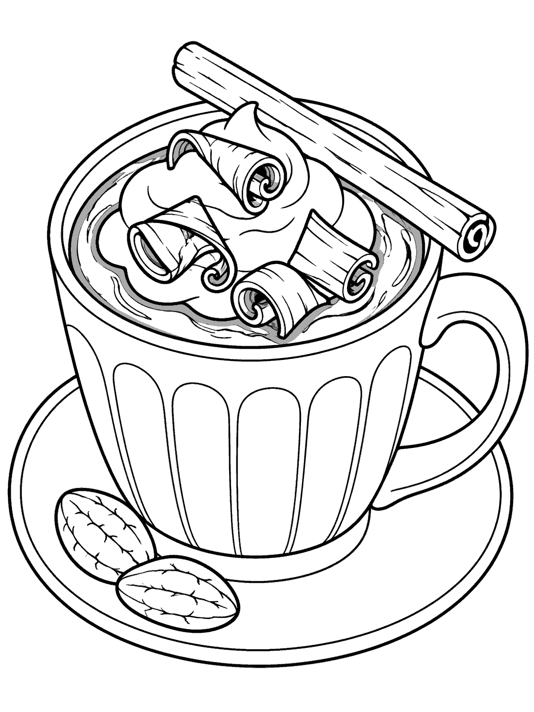 Top three-quarter view of a hot chocolate cup topped with chocolate curls and a cinnamon stick, with two cocoa beans on the saucer