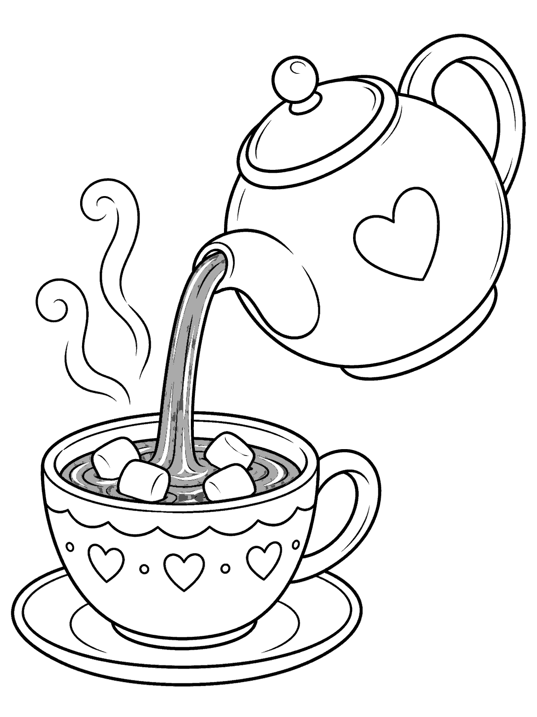 A round teapot with a heart pours hot chocolate into a cup on a saucer.