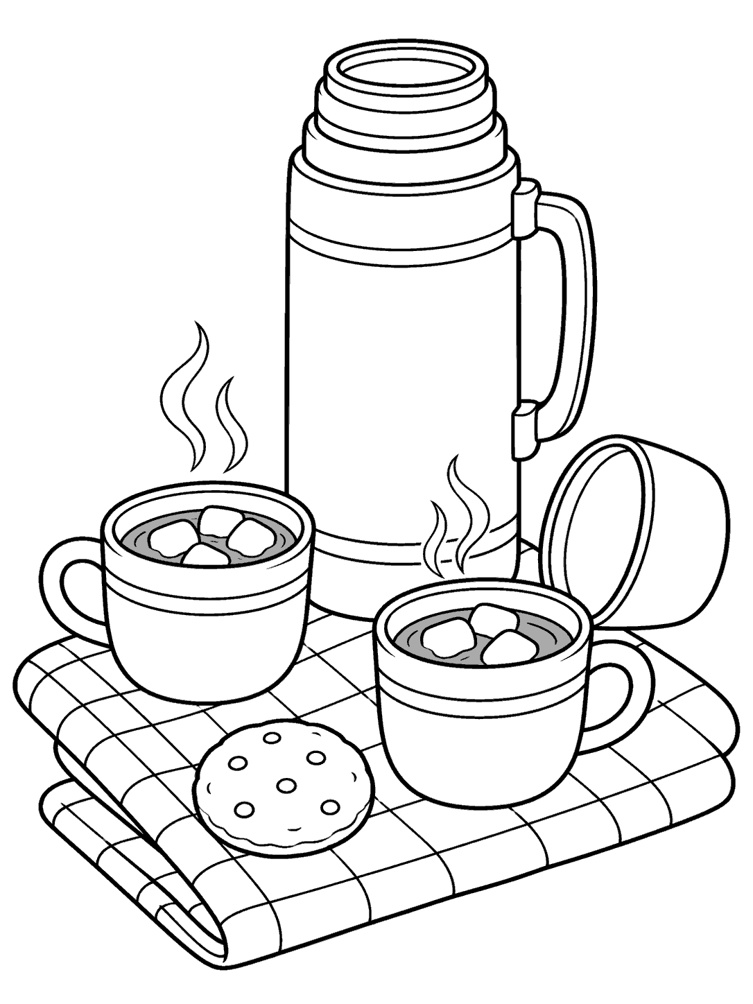 Open thermos, two steaming cups of hot chocolate, and a cookie on a folded checkered picnic cloth