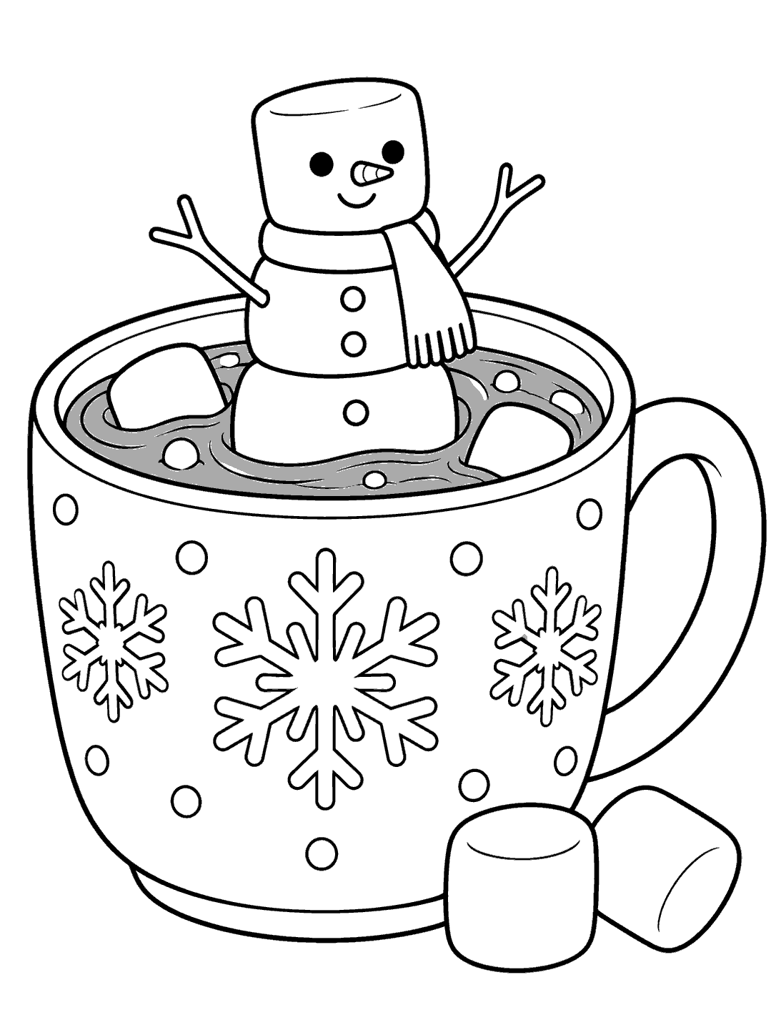 A friendly three-marshmallow snowman with a scarf sits in a decorated mug of hot chocolate, with two extra marshmallows beside it.
