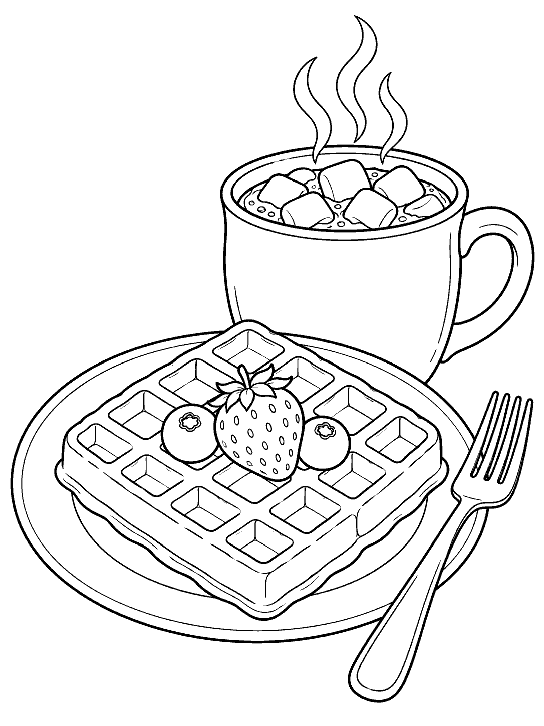 A steaming hot chocolate mug beside a grid-pattern waffle with three berries on a plate and a fork.