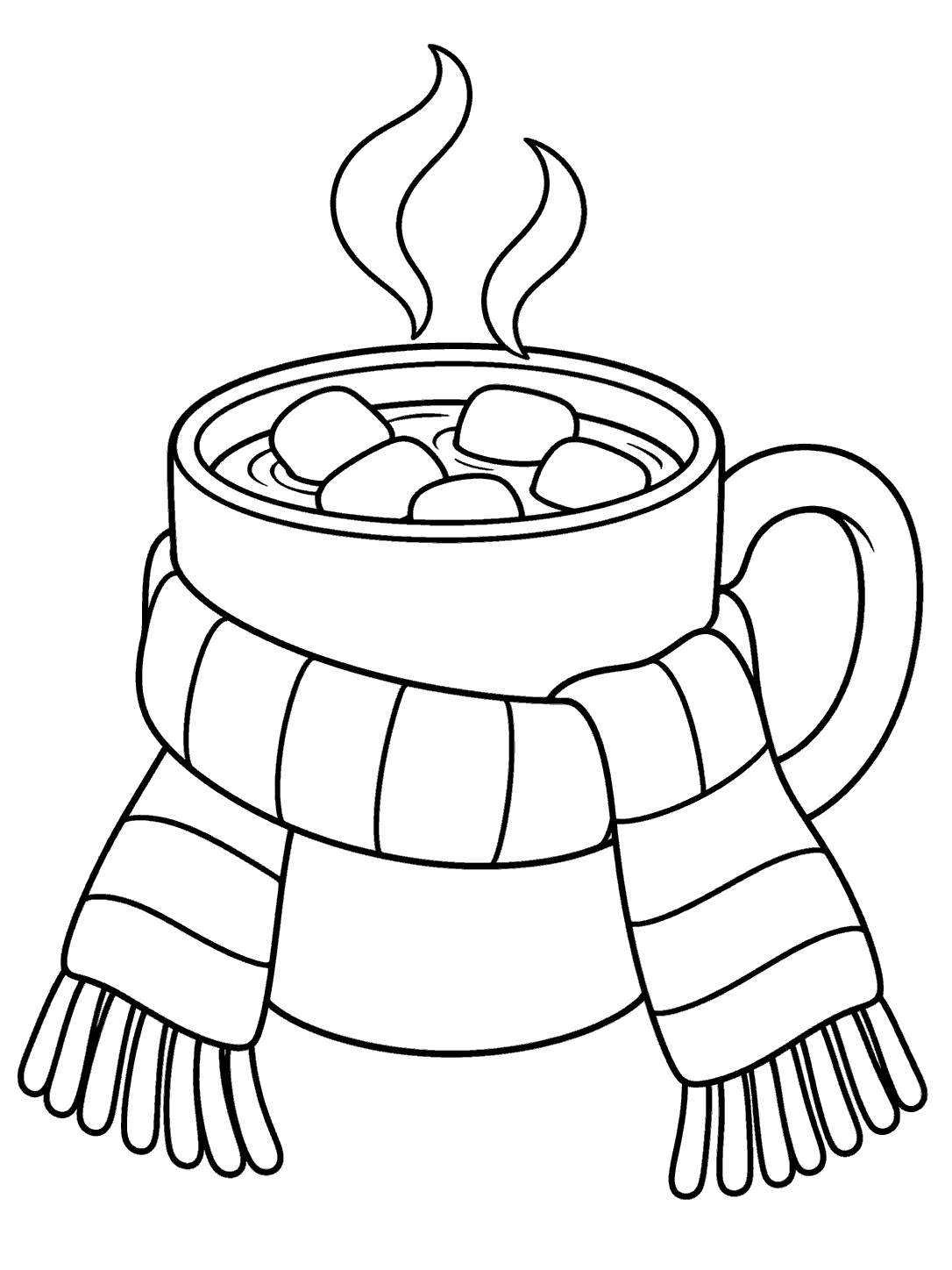 Hot chocolate mug wrapped with a cozy striped scarf, with two steam curls above and marshmallows on top