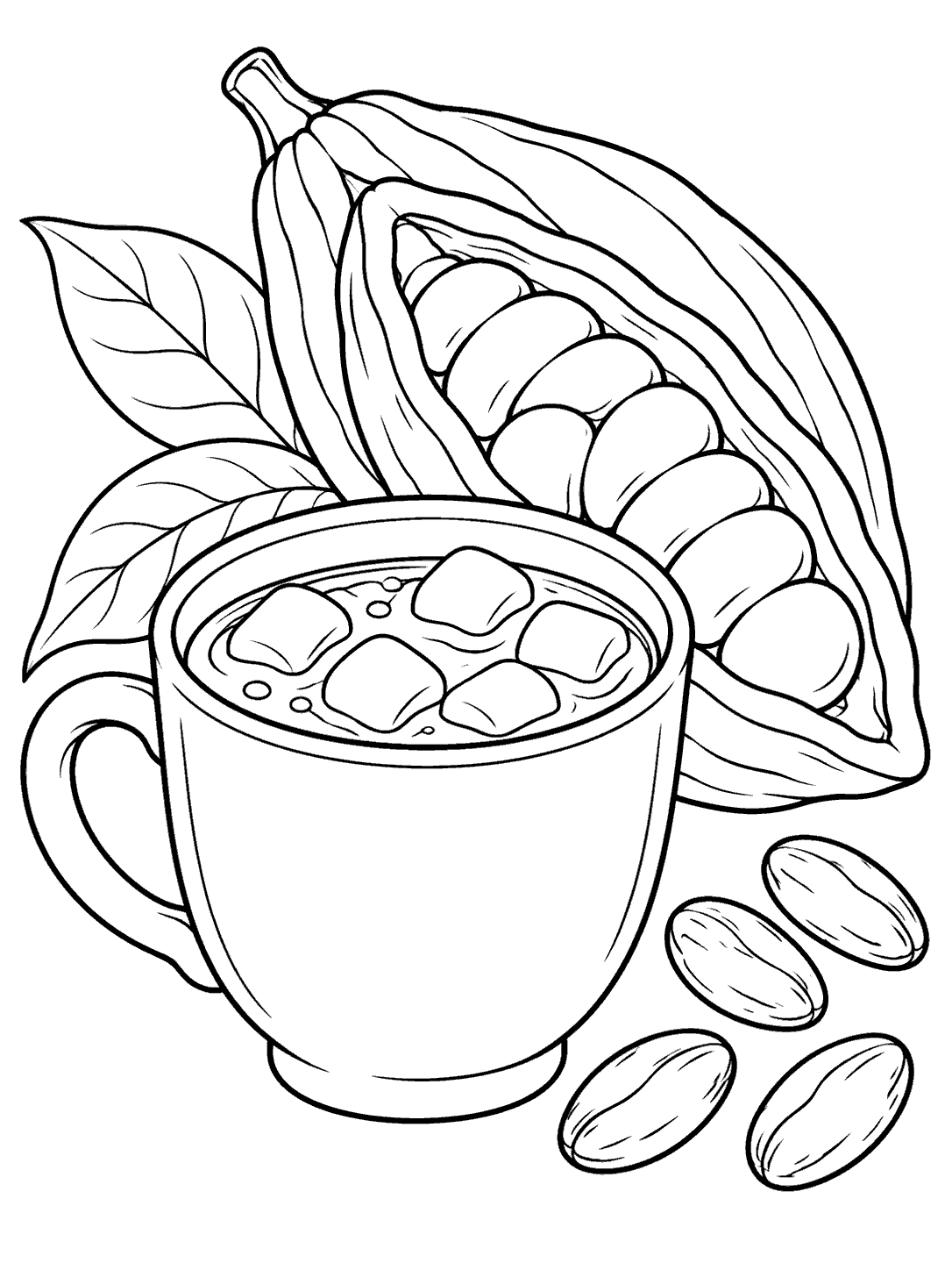 A large cup of hot chocolate in front of an opened cocoa pod, with four separate oval cocoa beans nearby.
