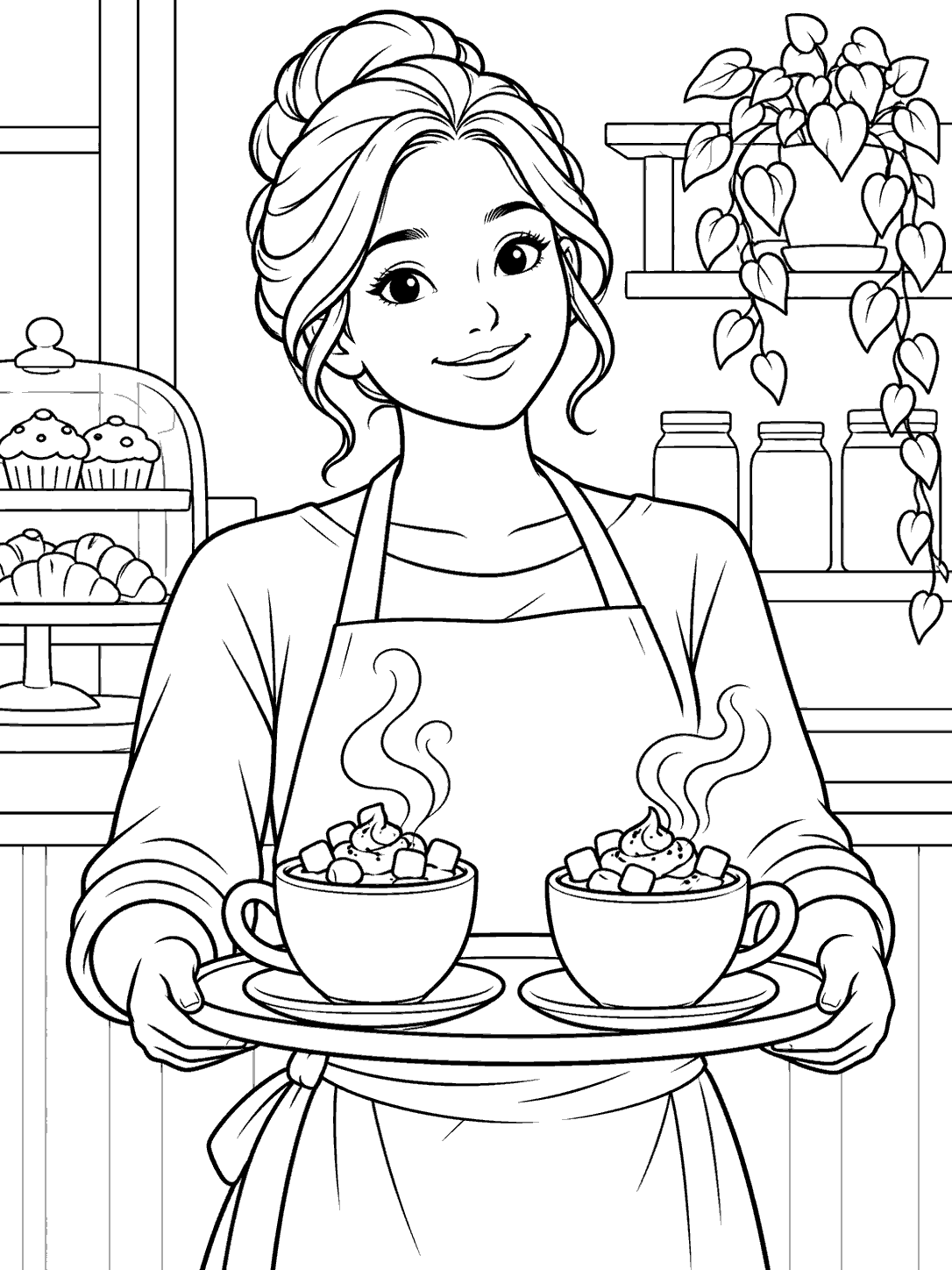 Café server holding a tray with two steaming hot chocolate cups in a café