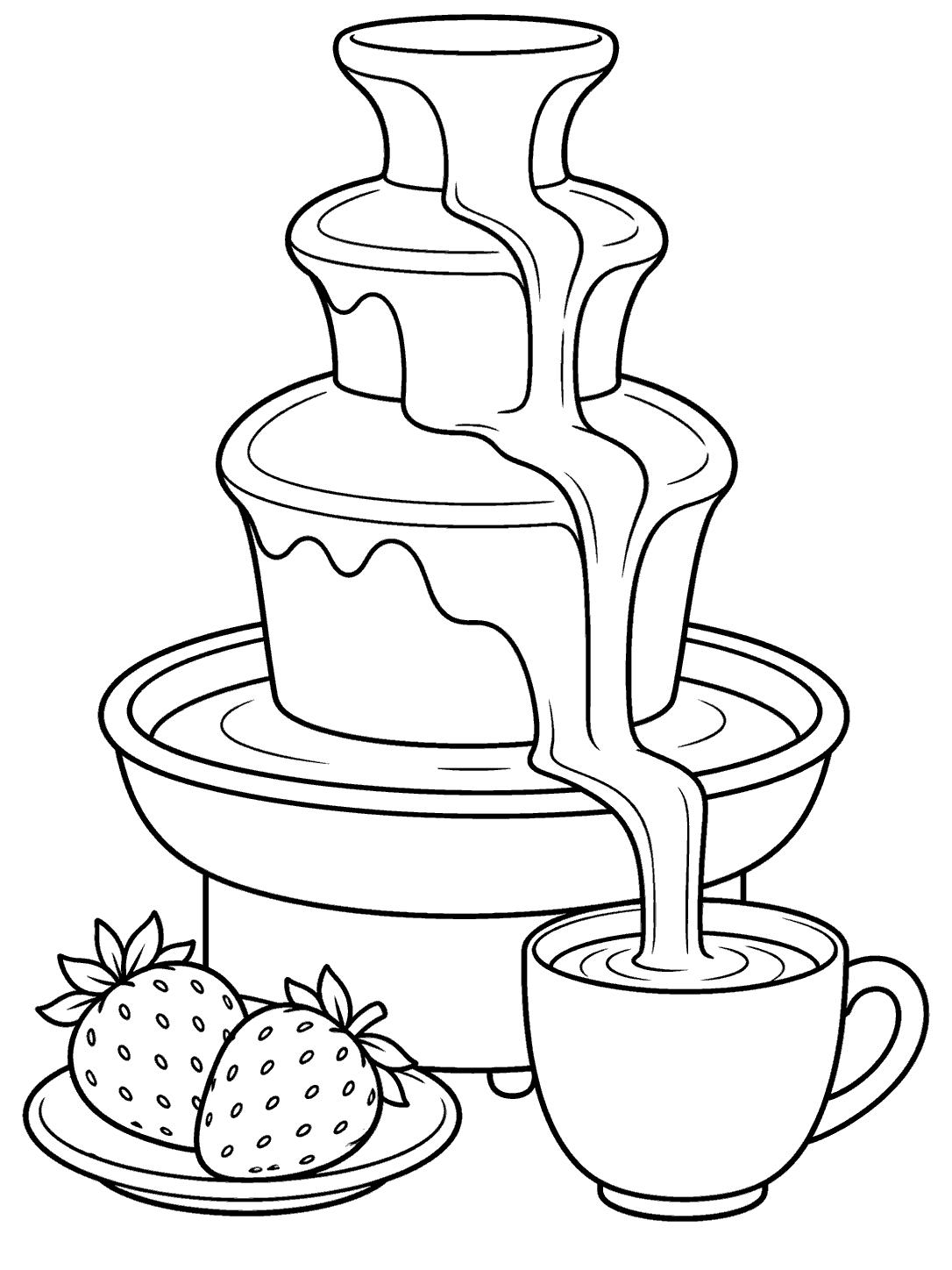 Black-outline coloring page of a three-tier chocolate fountain flowing into a cup, with two strawberries on a plate