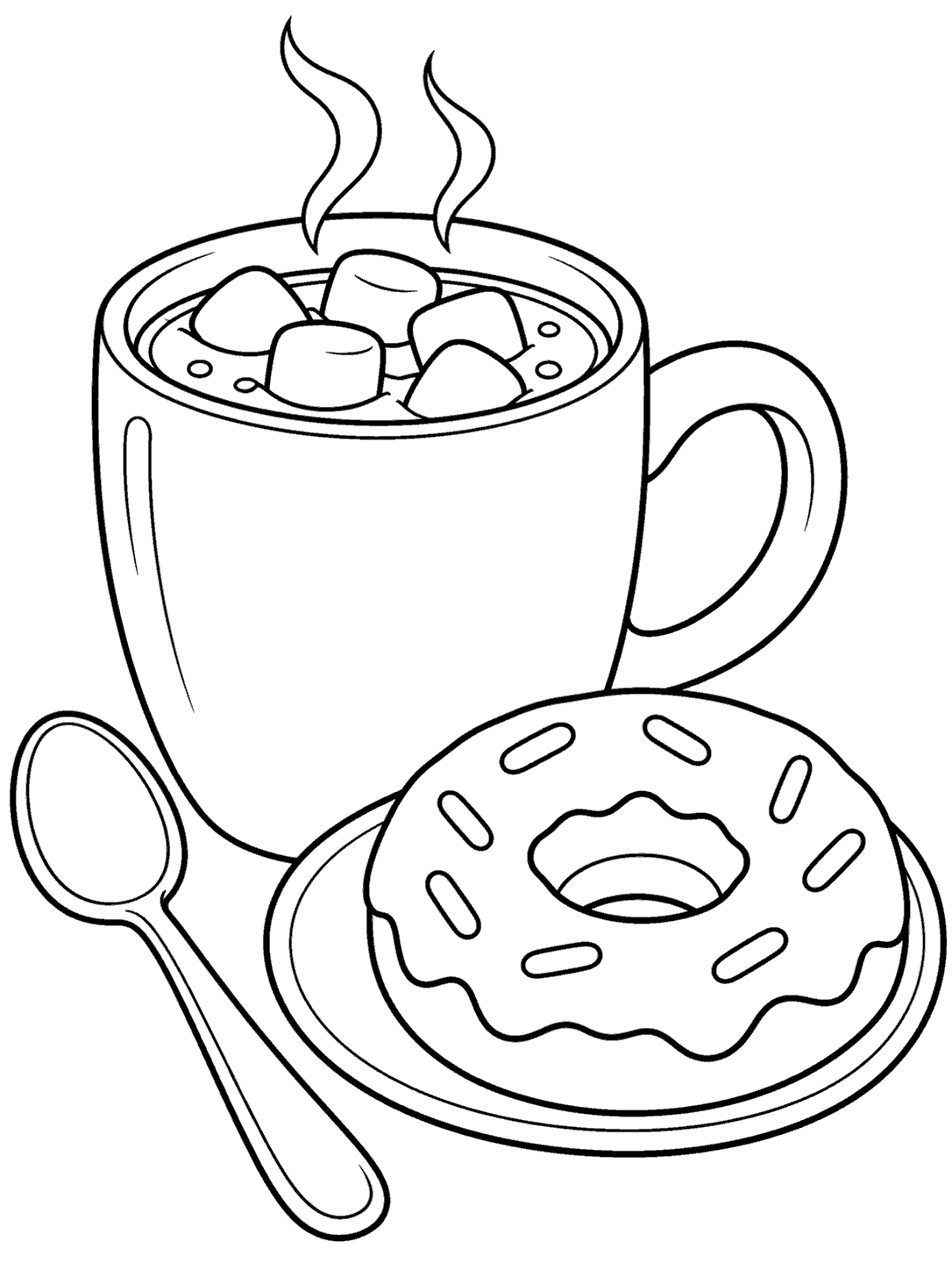A large mug of hot chocolate with marshmallows beside a ring donut on a plate and a spoon.