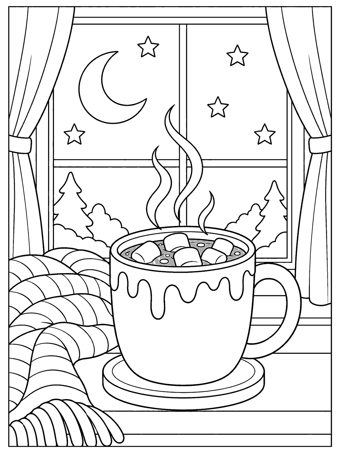 Steaming hot chocolate mug on a windowsill with a crescent moon, five stars, curtains, and snowy trees outside.