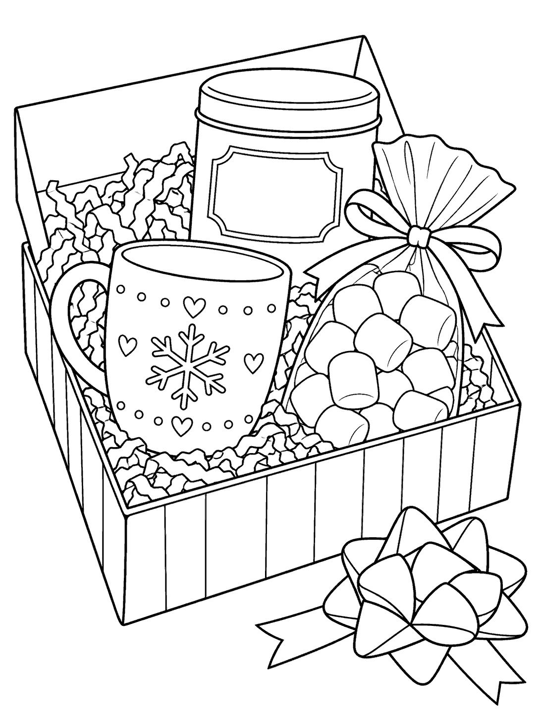 Open gift box with a snowflake mug, blank-label cocoa tin, marshmallow pouch, and separate bow