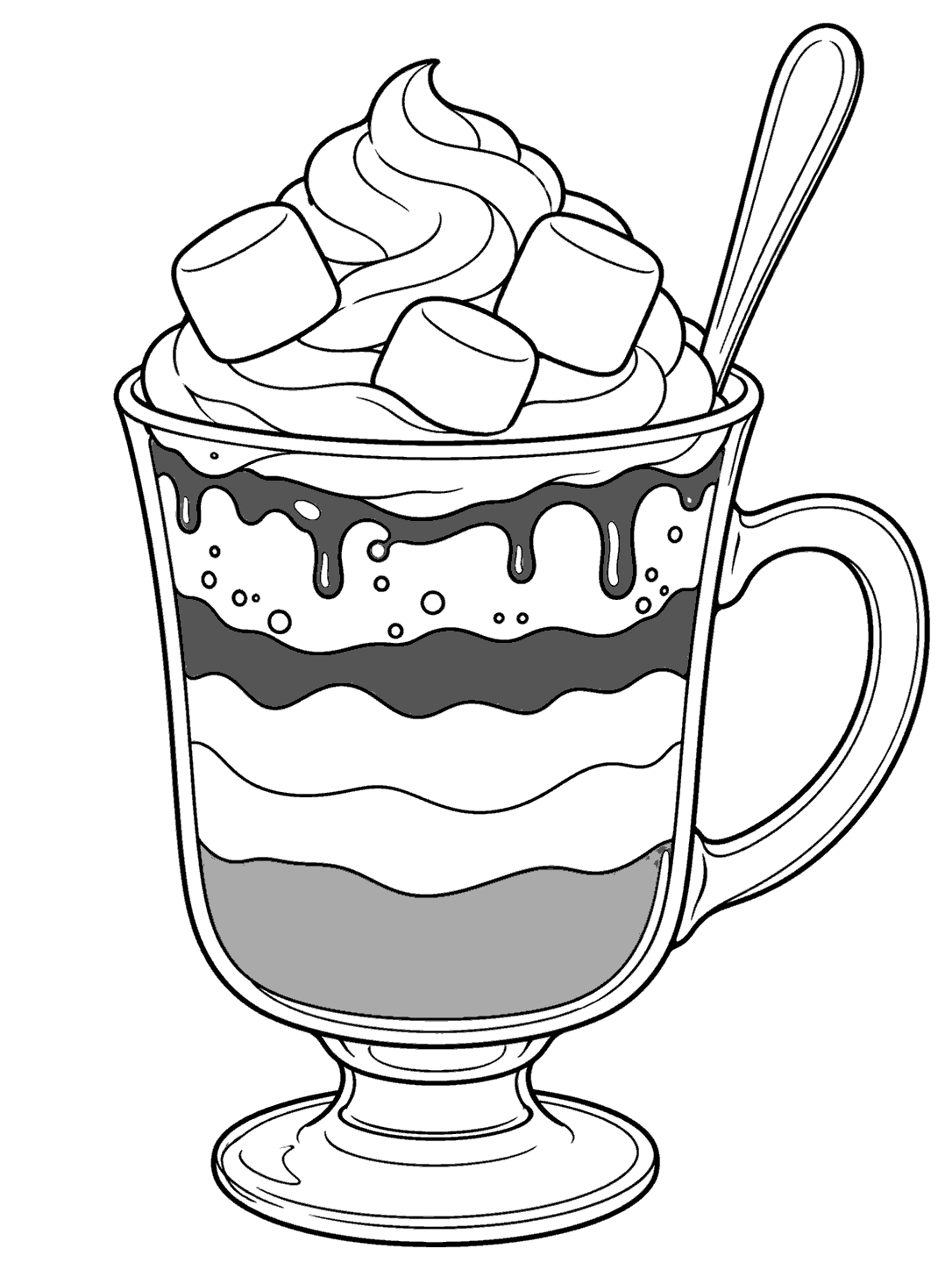 A clear handled dessert glass with layered hot chocolate and cream, whipped topping, three marshmallows, and a long spoon.
