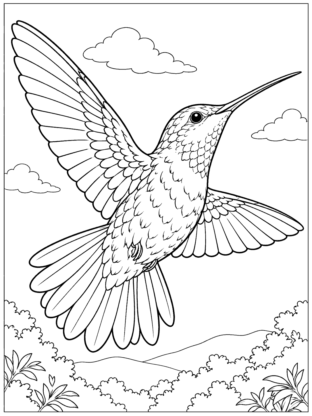 Hummingbird gliding in flight coloring page