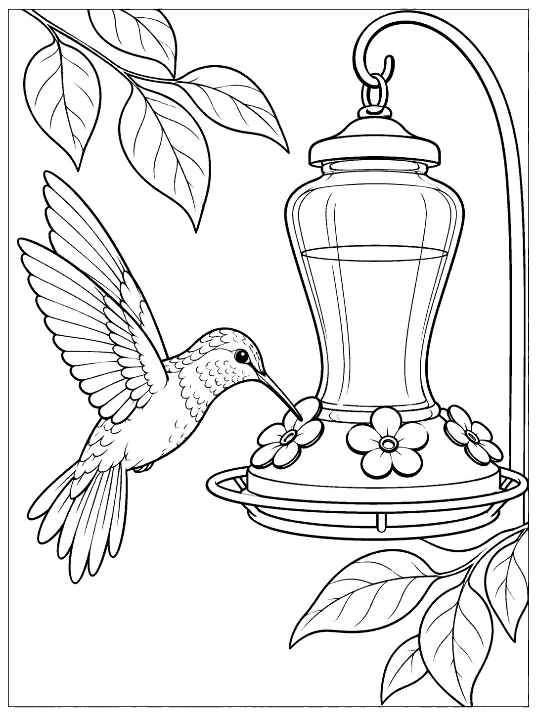 Black and white hummingbird hovering at a hanging flower port feeder, with leaves around the printable coloring page.