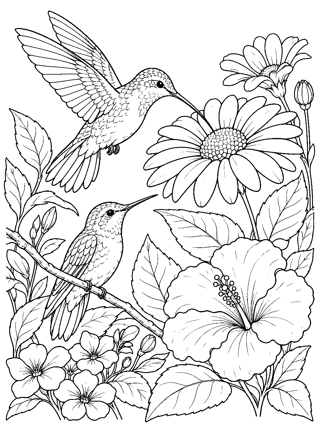 Two hummingbirds among garden flowers coloring page