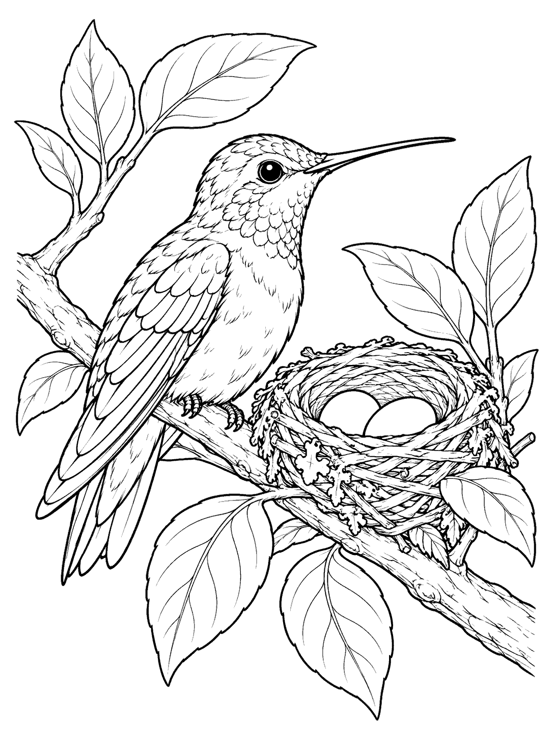 Black-and-white hummingbird coloring page showing a bird perched by a leafy branch and a woven nest with two eggs.