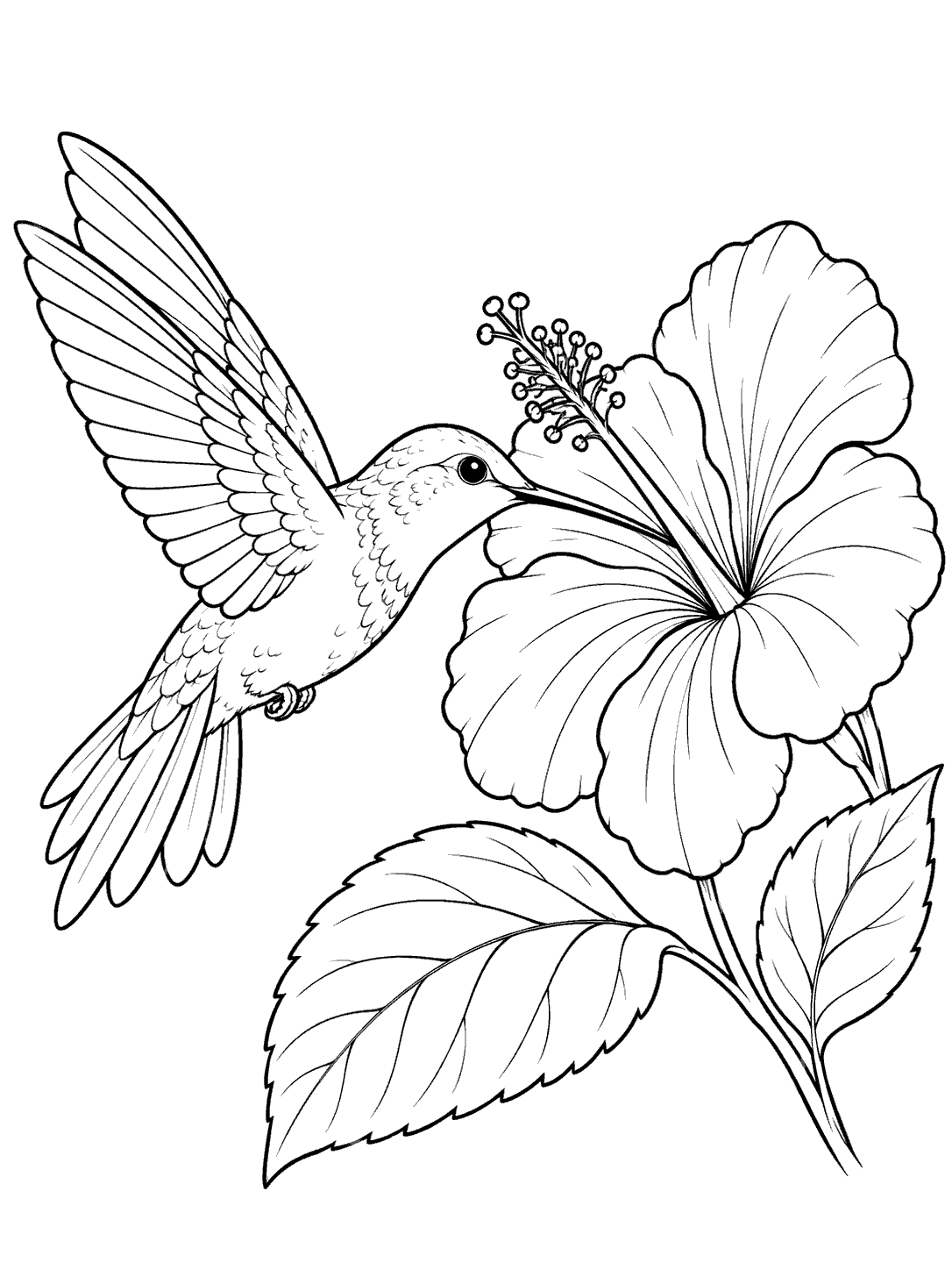 Black line art coloring page showing a hovering hummingbird beside a large hibiscus with two leaves.
