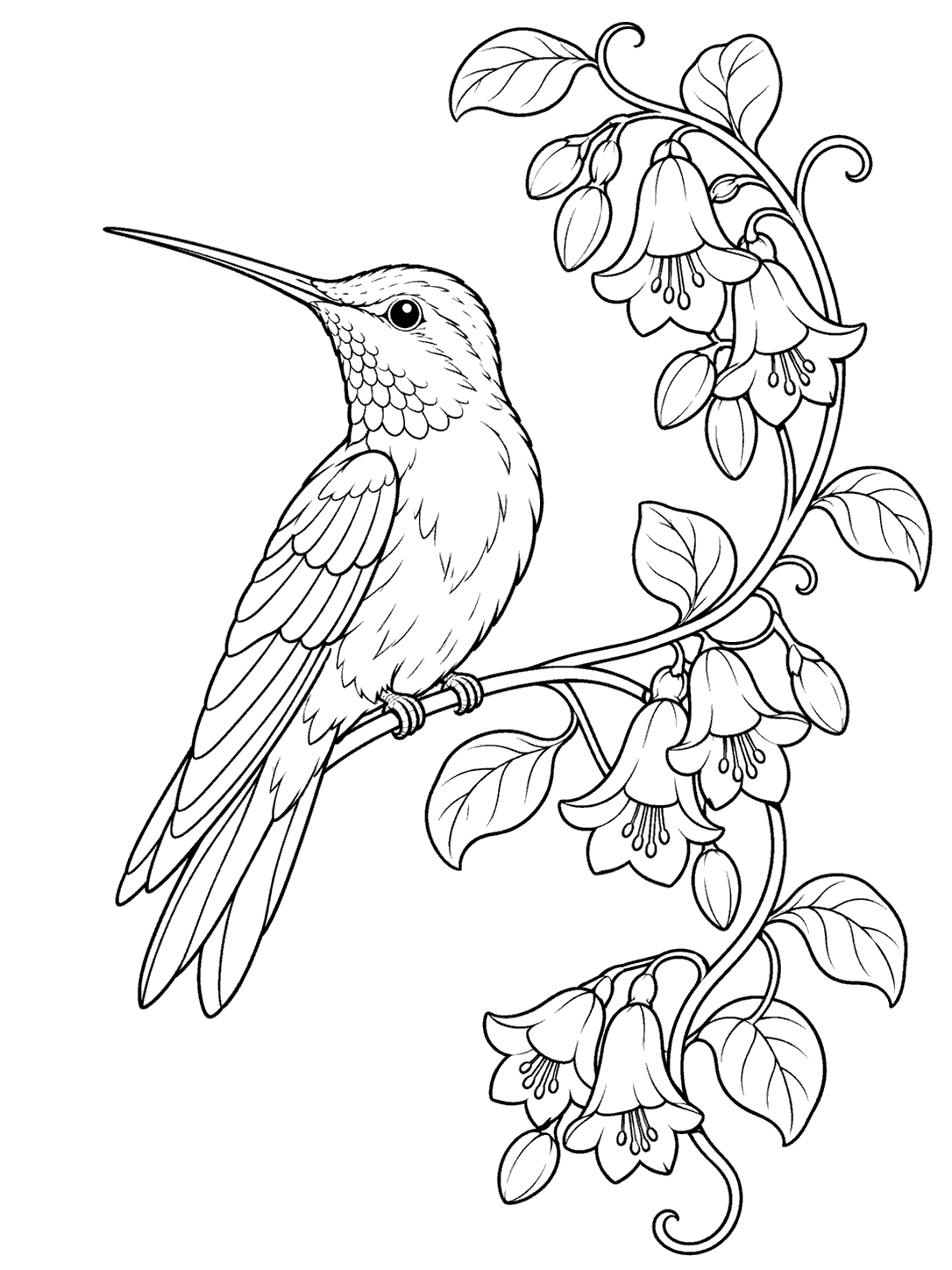 Black-and-white hummingbird perched on a flowering vine coloring page