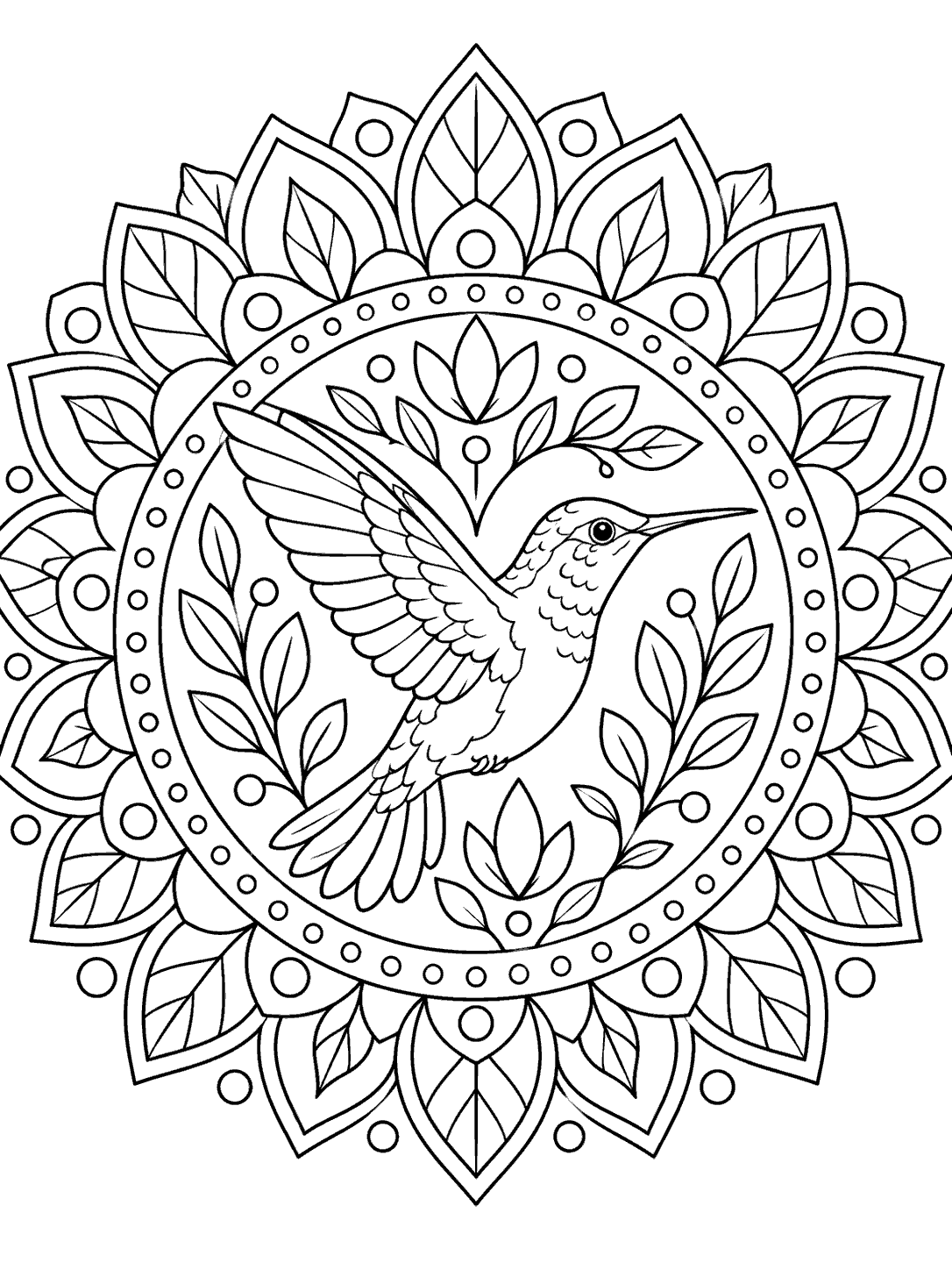Side-view hummingbird with outstretched wings inside a symmetrical floral mandala coloring page.