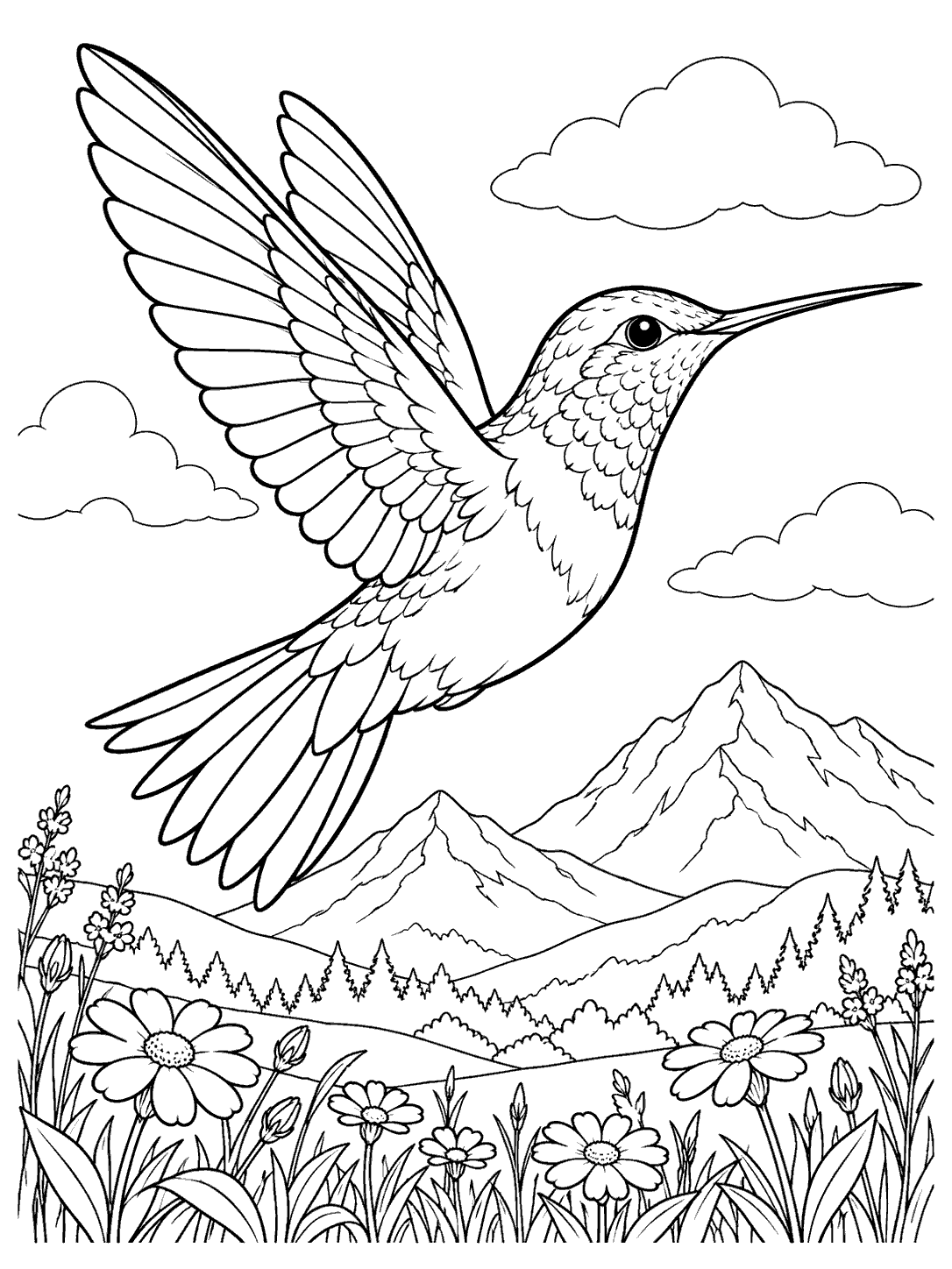 Hummingbird over a mountain meadow coloring page