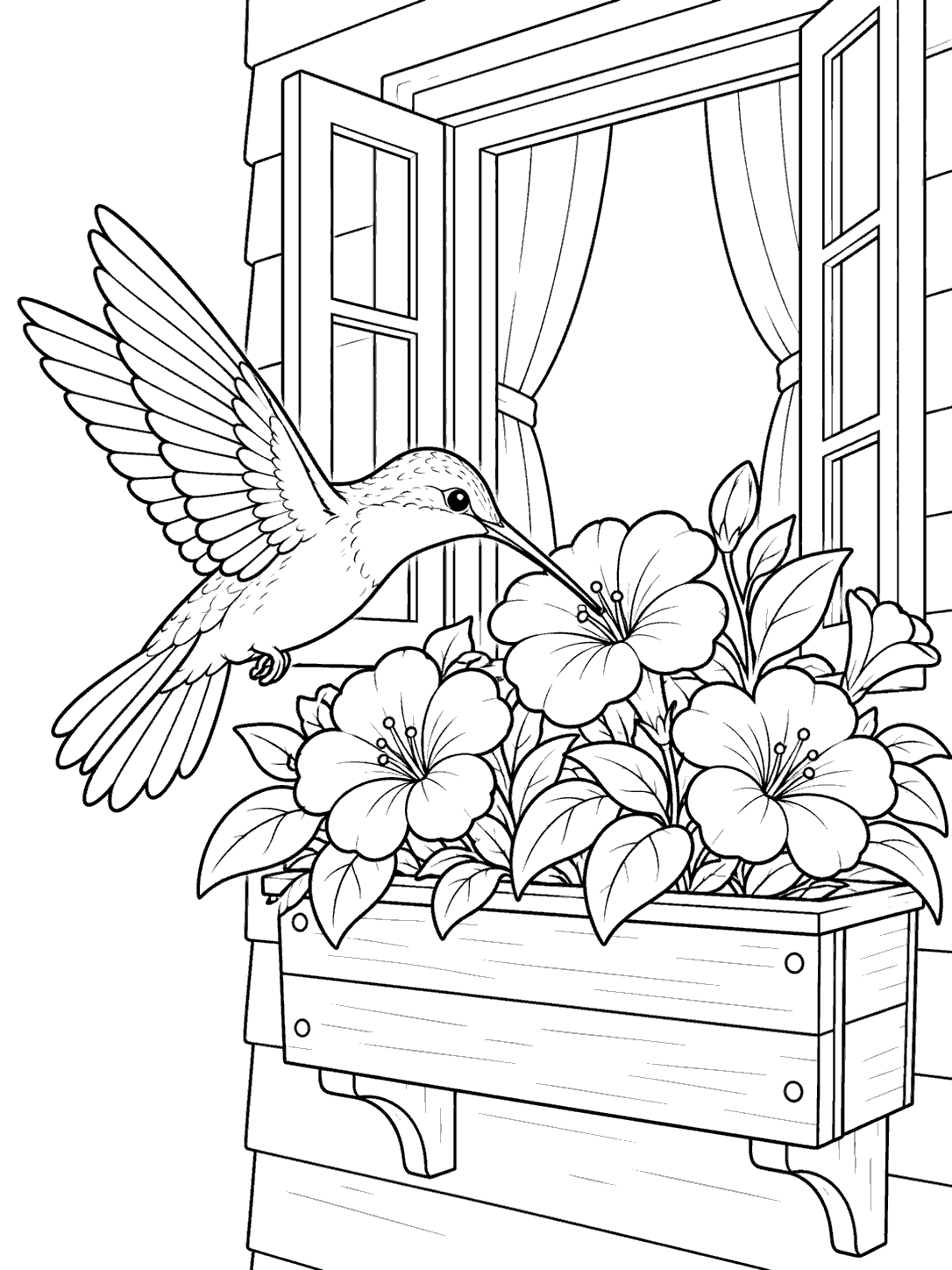Black-and-white hummingbird coloring page with spread wings, flowers in a wooden window box, and an open cottage window behind it.