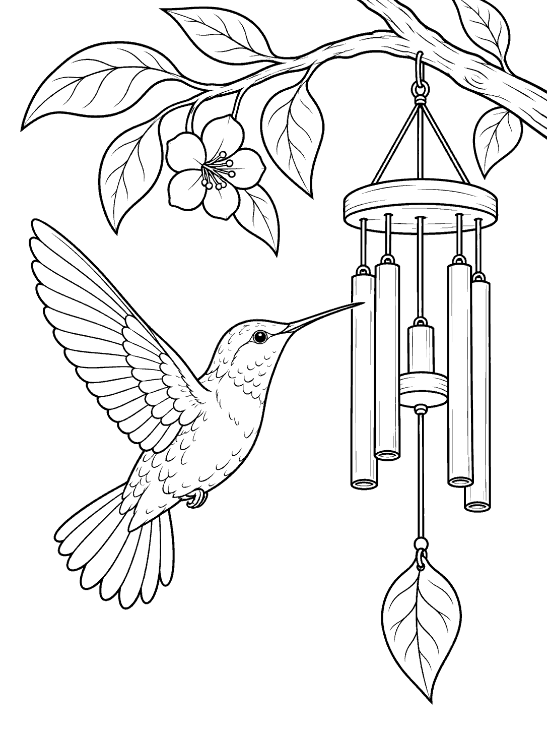 Black-and-white hummingbird coloring page showing a bird hovering beside a hanging wind chime with hollow tubes and a leaf-shaped sail.