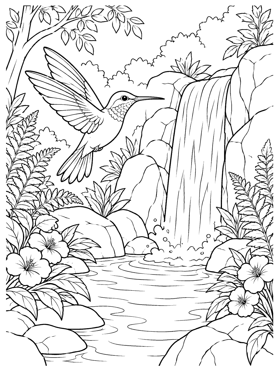 Black outline coloring page of a hummingbird beside a waterfall framed by rocks, ferns, and flowers.