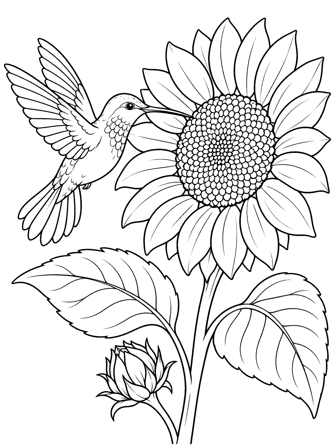 Black-and-white hummingbird hovering beside a large sunflower with two leaves and a small unopened bud.
