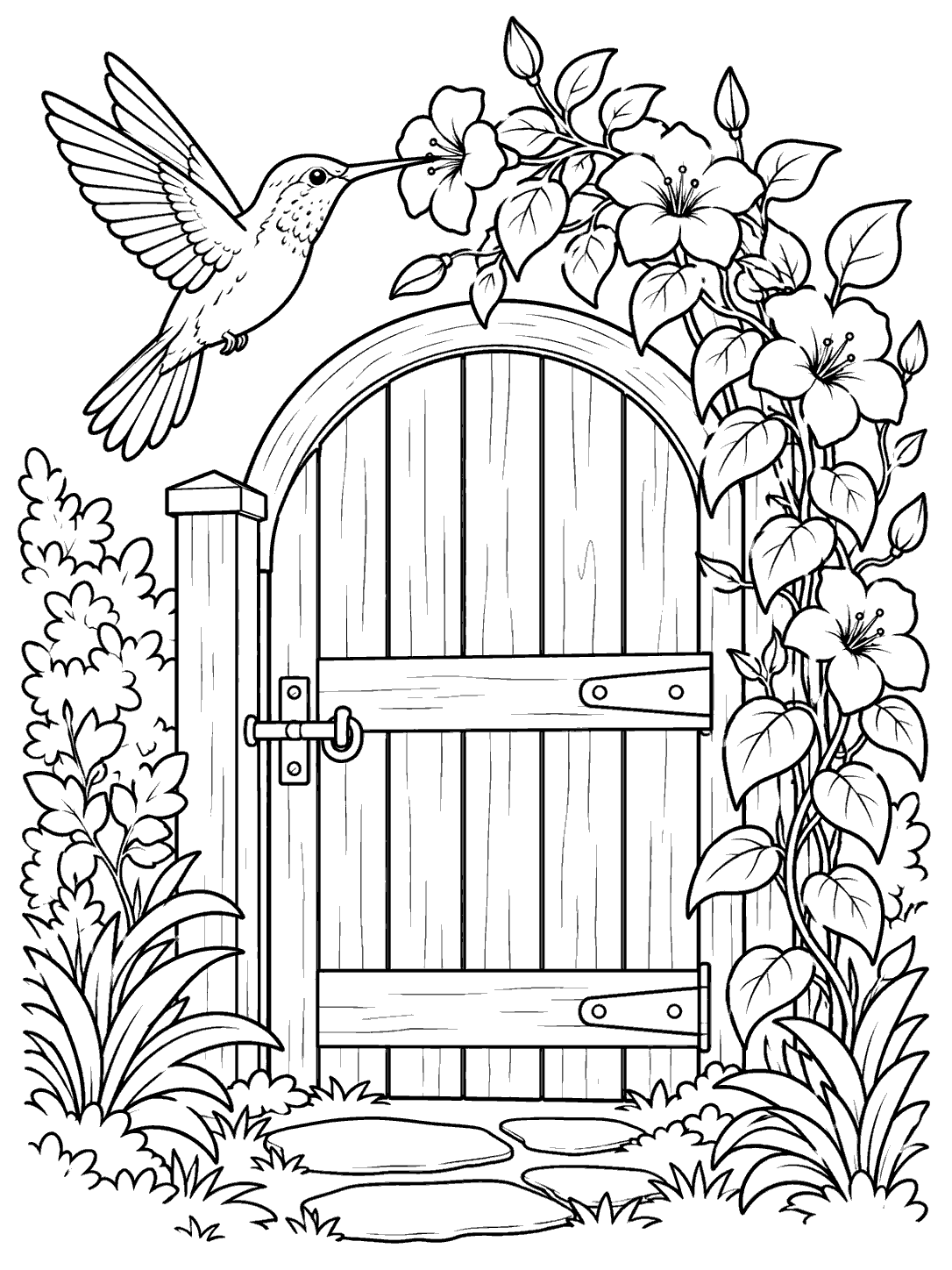 Black-and-white coloring page of a hummingbird beside a flower-framed wooden garden gate.