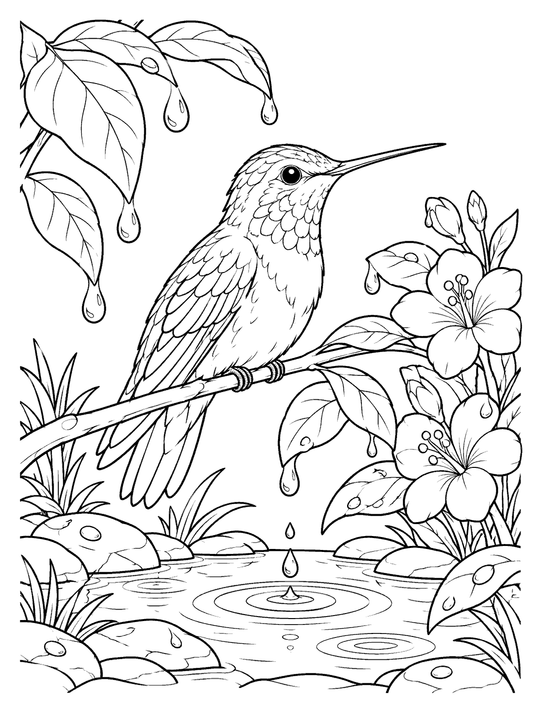 A hummingbird perched on a twig above a garden puddle, surrounded by dripping leaves, flowers, and ripples, in a printable coloring page.