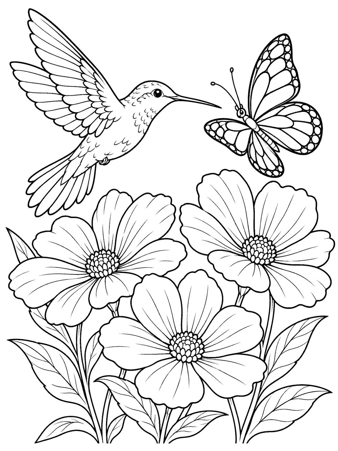 Hummingbird hovering beside a patterned butterfly above three wildflowers on a coloring page