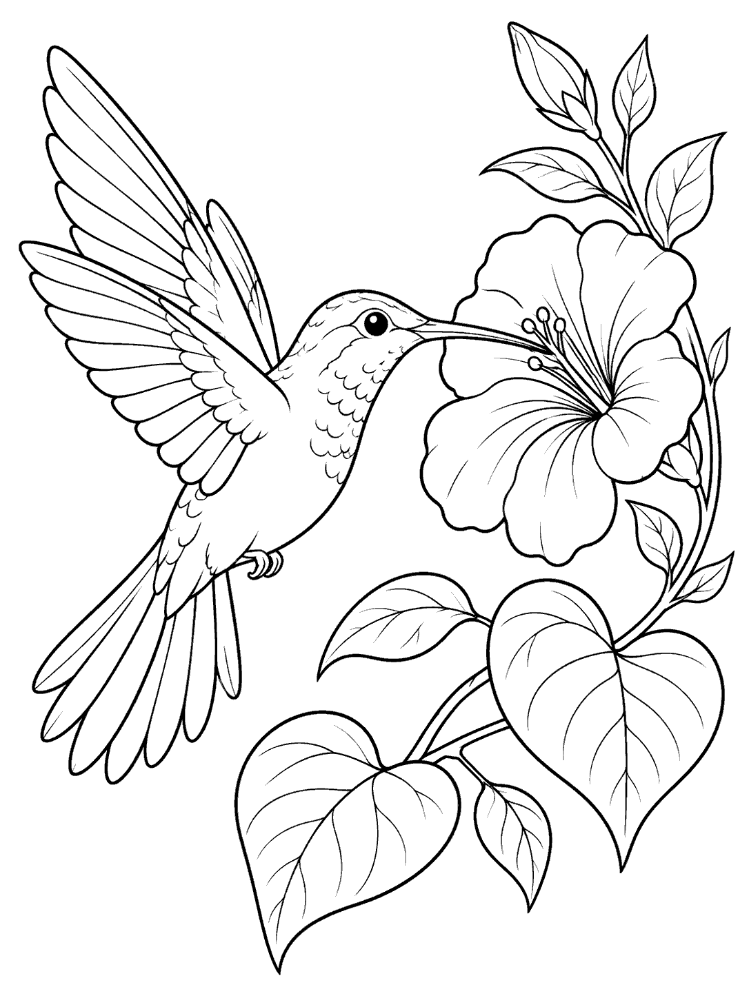 Black ink hummingbird hovering beside a large flower and heart-shaped leaves on a printable coloring page.