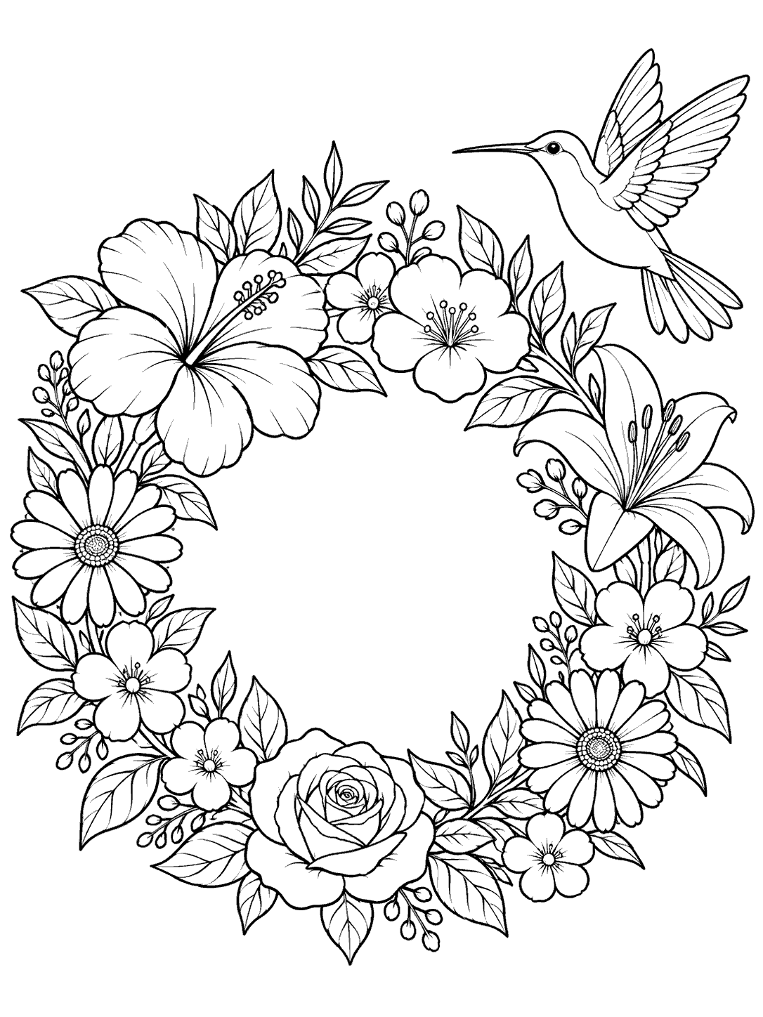 Black-and-white hummingbird hovering beside an open-centered floral wreath coloring page