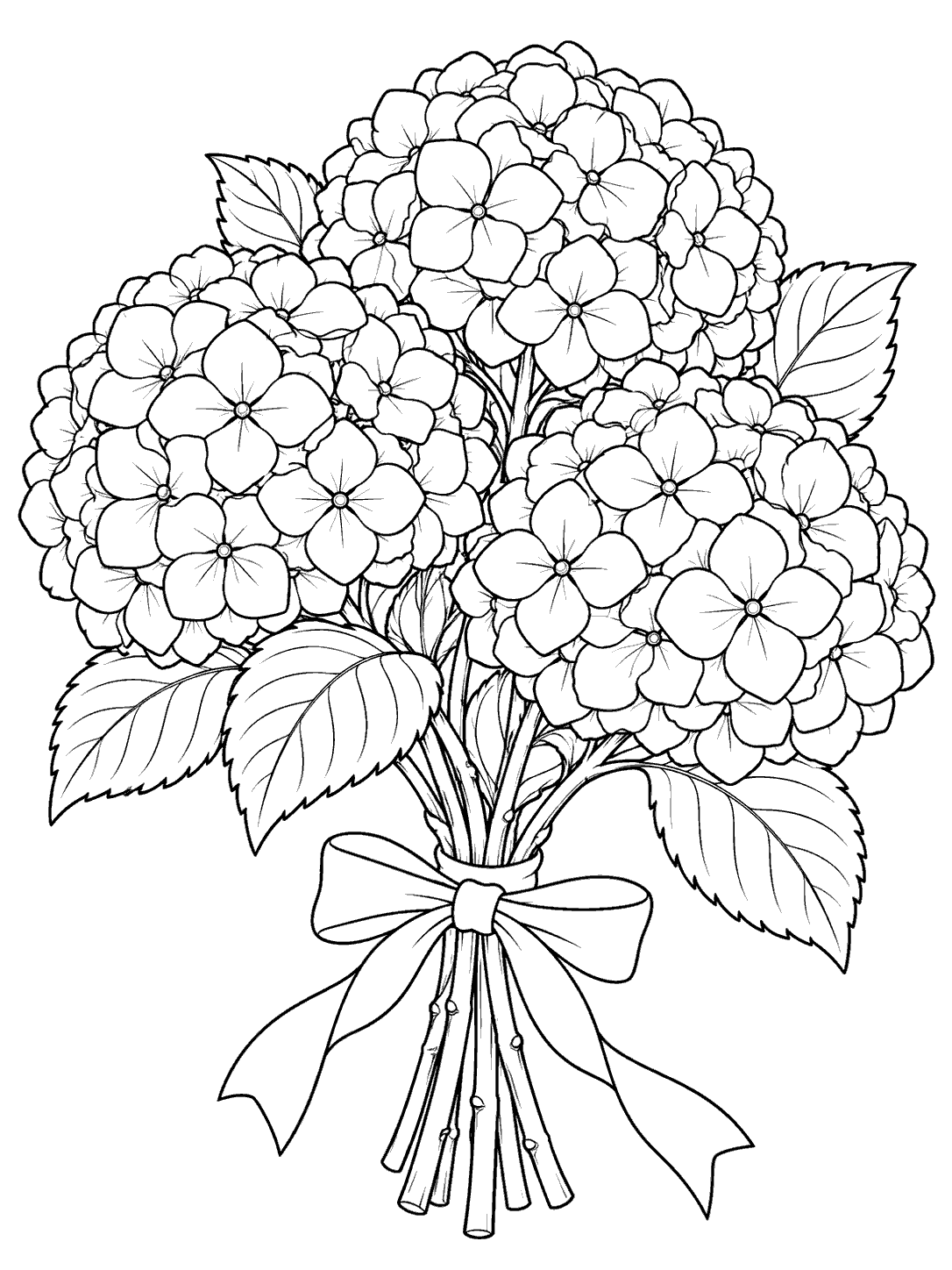 Three large hydrangea flower heads with broad leaves and visible stems gathered by a ribbon.