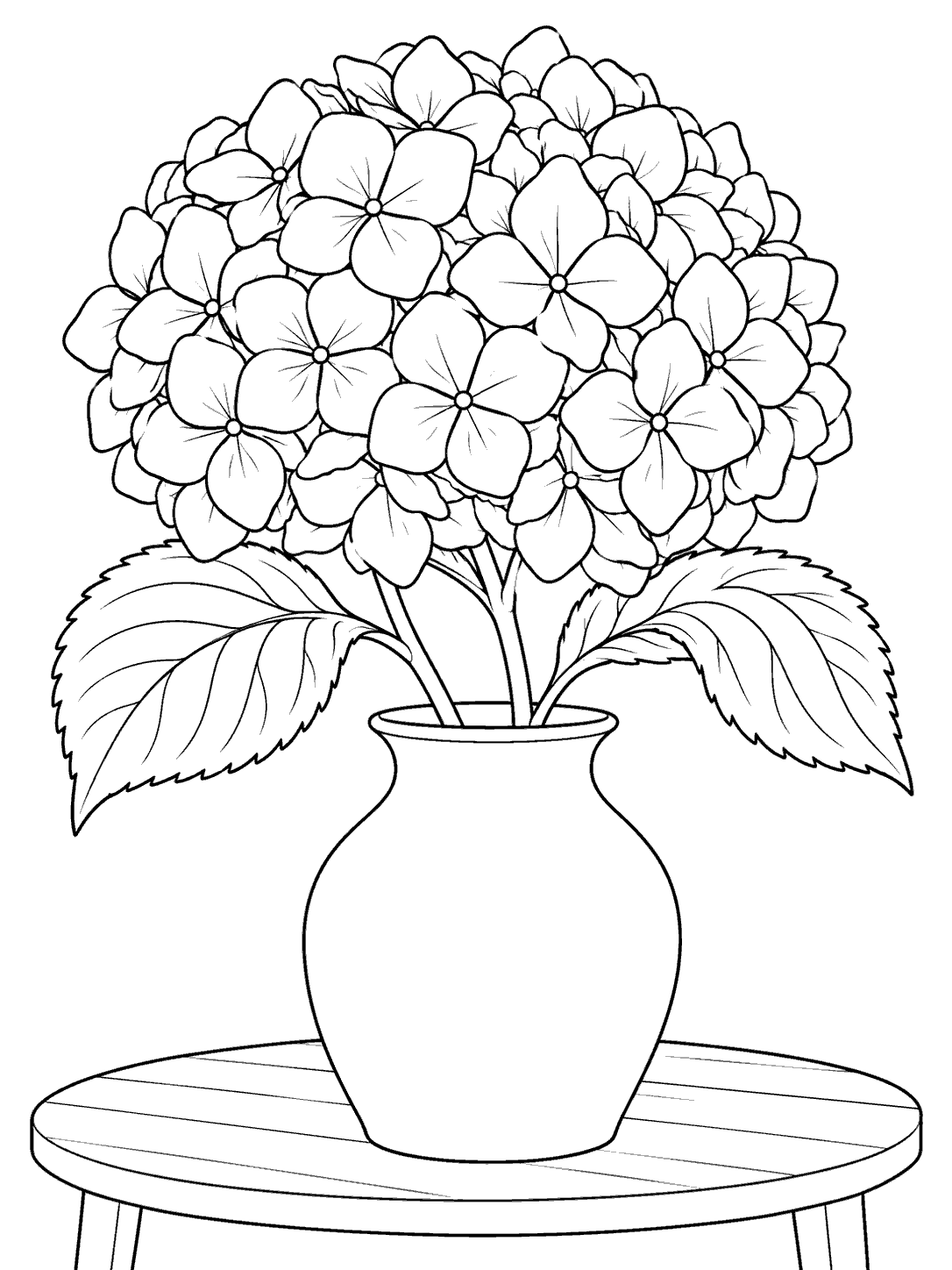 Black line art of a large hydrangea bloom and leaves in a simple vase on a round tabletop