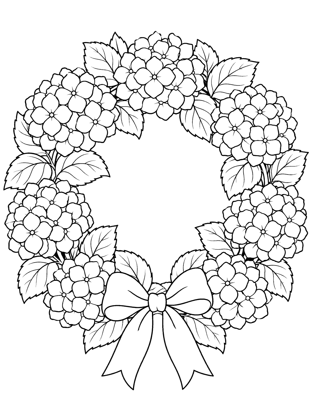 Black outline coloring page of a circular hydrangea wreath with broad leaves, an open center, and a bow at the bottom.