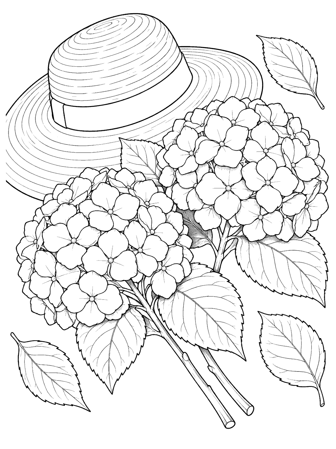 Wide-brim garden hat beside two hydrangea clusters and detached leaves