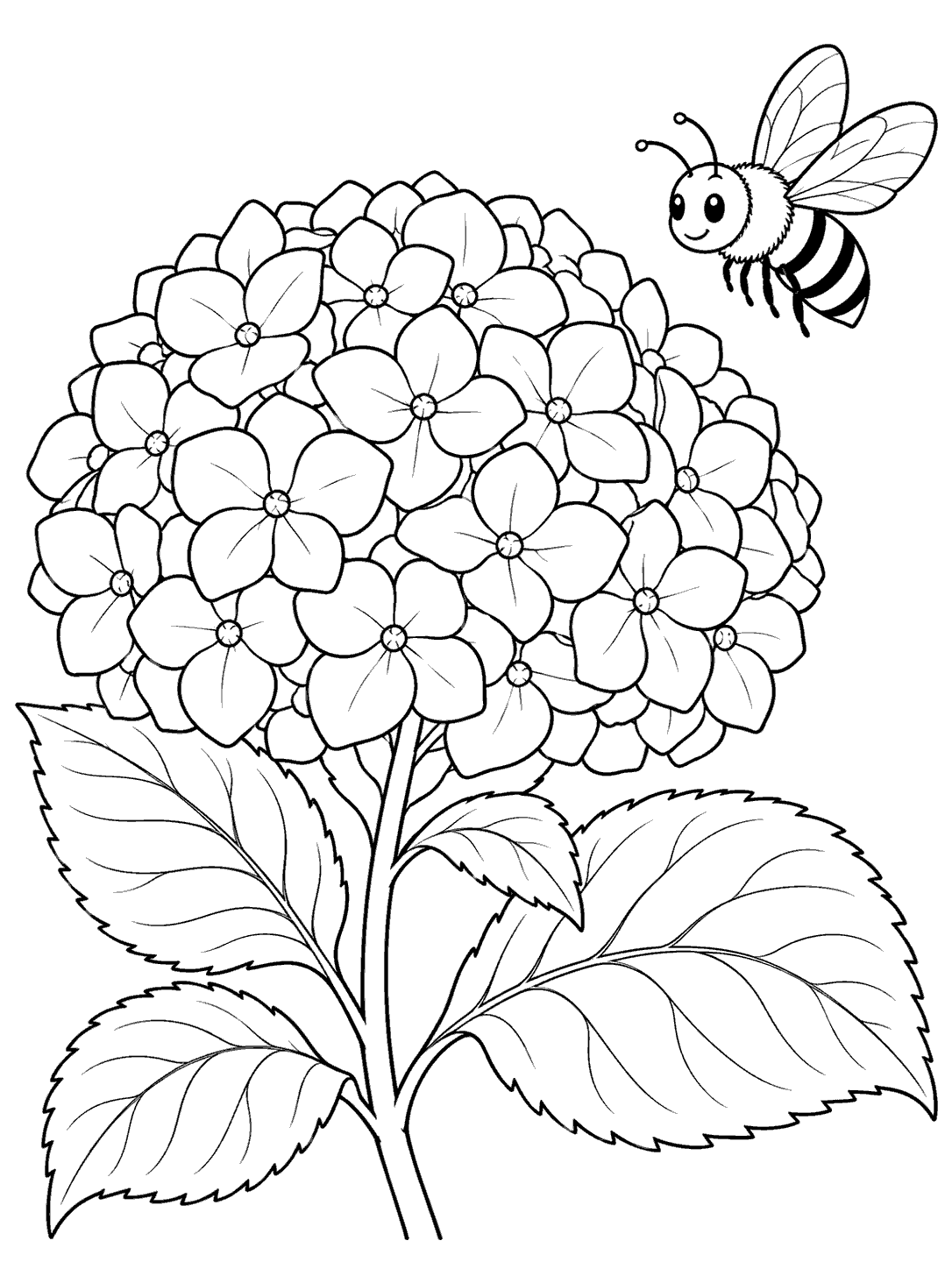A smiling striped bee with clear wings near a large hydrangea bloom on a leafy stem.