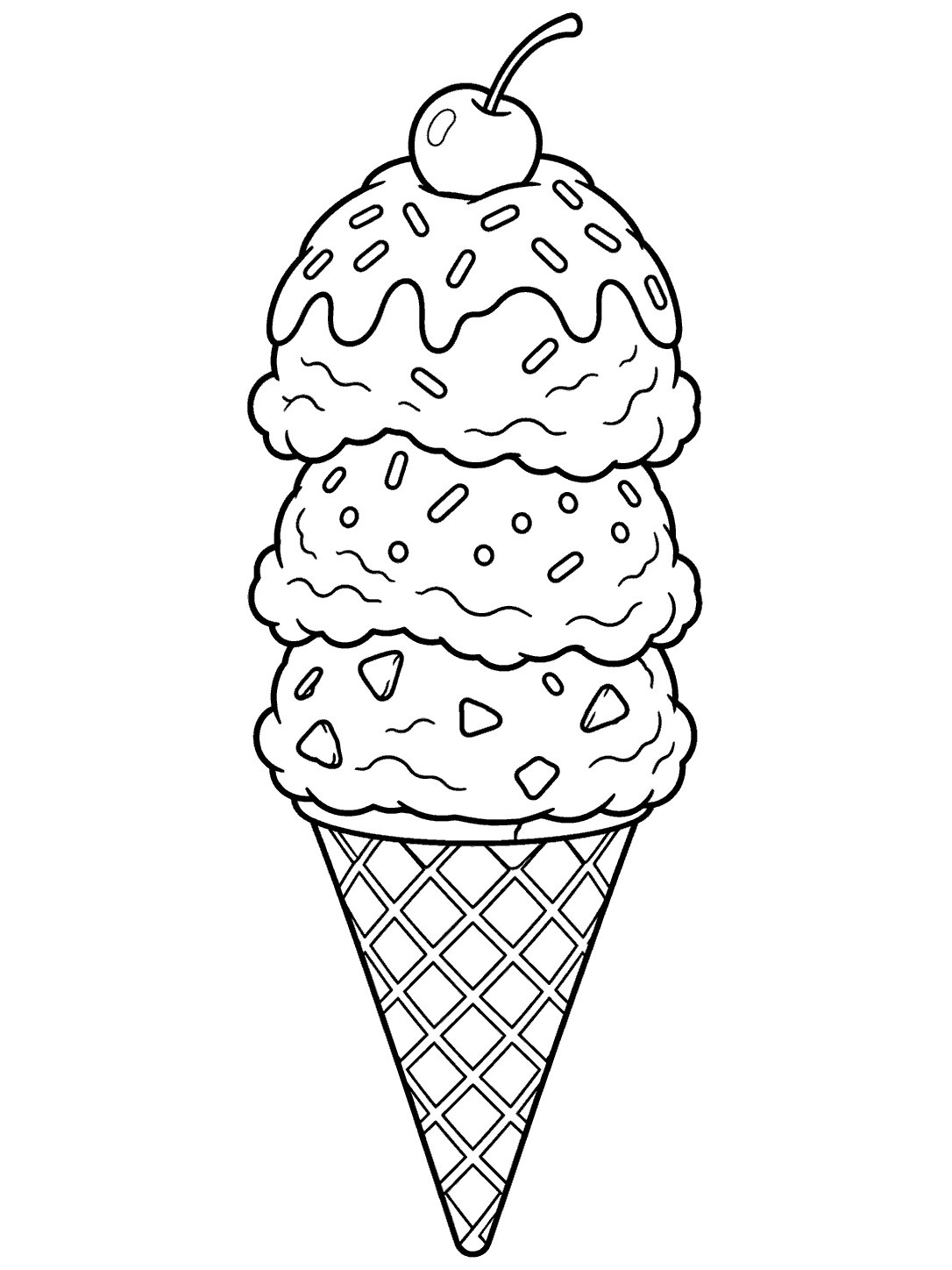 Three-scoop ice cream cone with a cherry coloring page