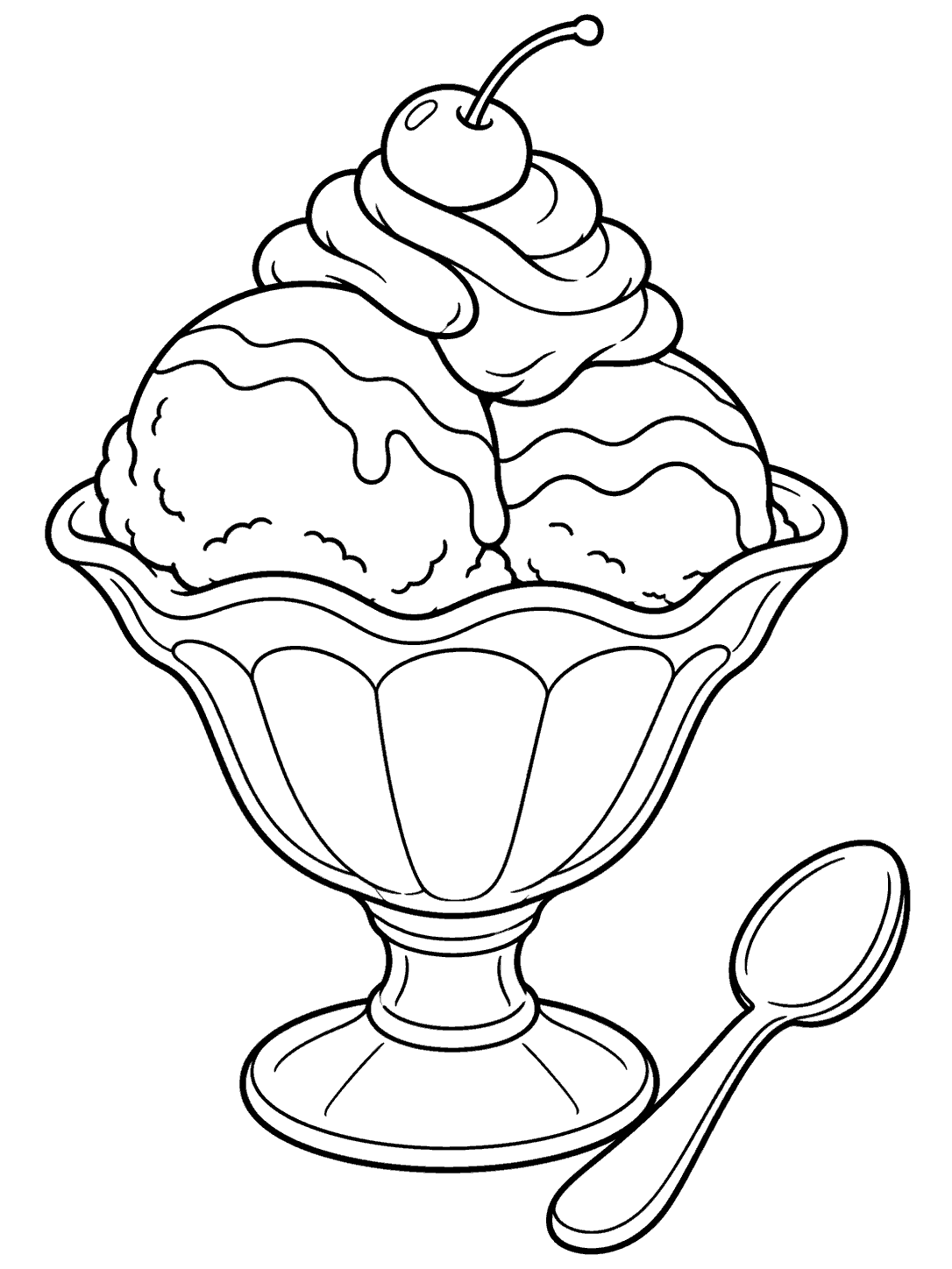 Black and white sundae coloring page with two scoops, whipped cream, a cherry, and a spoon