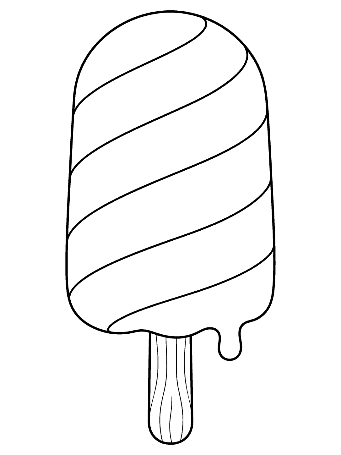 Black and white coloring page showing a large rounded popsicle with diagonal bands, a lower drip, and a wooden stick.