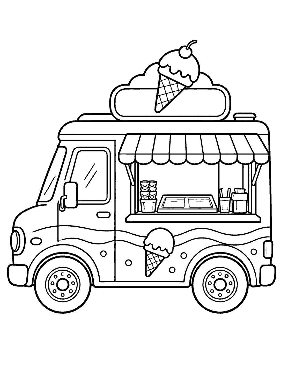 Side-view ice cream truck with a striped awning, two large wheels, serving window, and cone emblems.