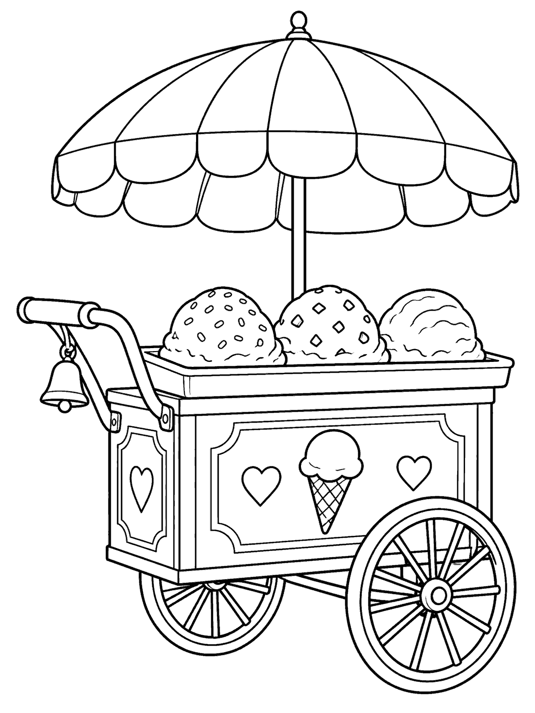 Two-wheeled ice cream pushcart with three scoops, striped parasol, handle, bell, and decorative panels in black outline.