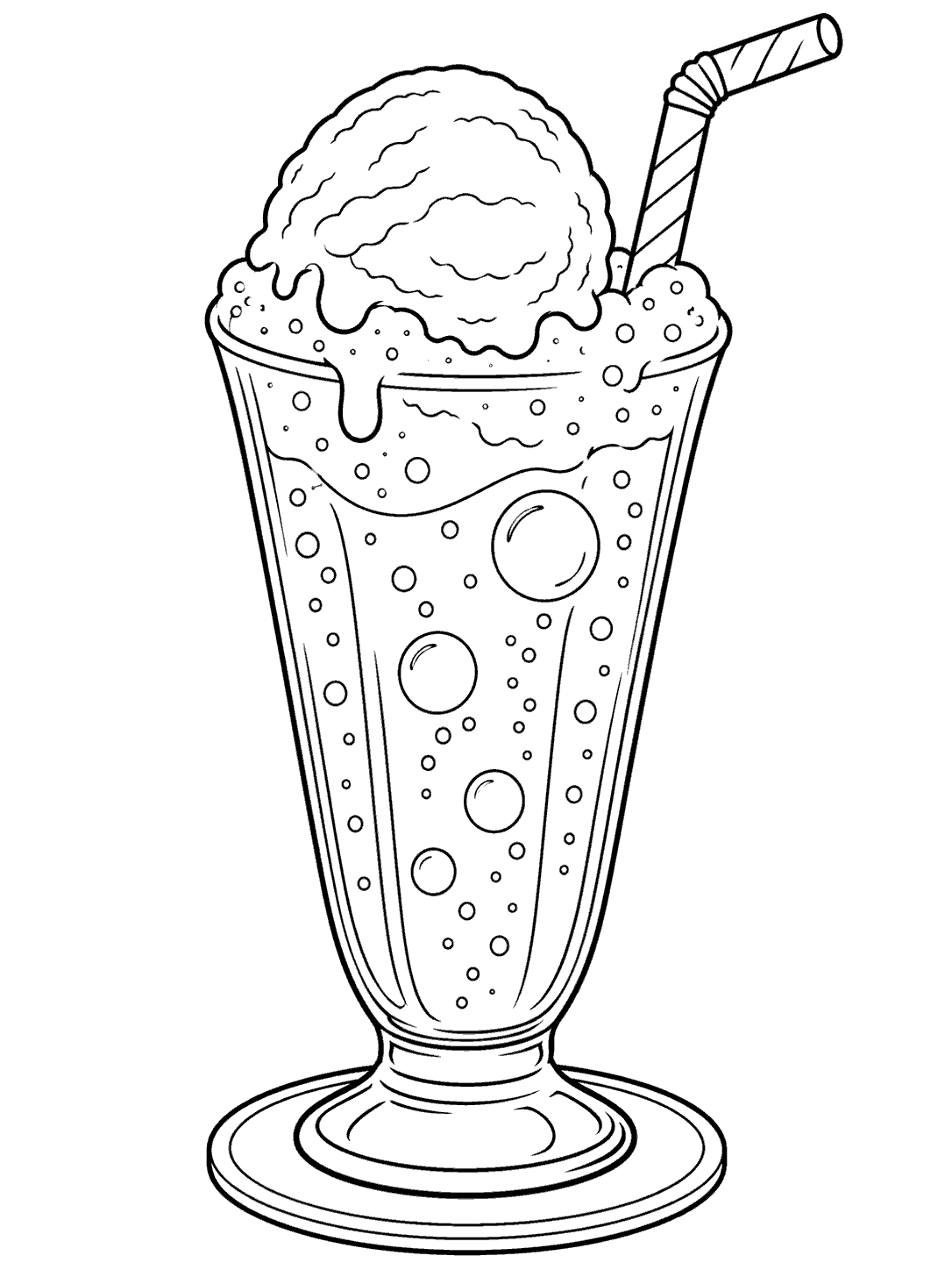 Ice cream float in a tall flared glass with bubbles, a curved straw, and a coaster, coloring page