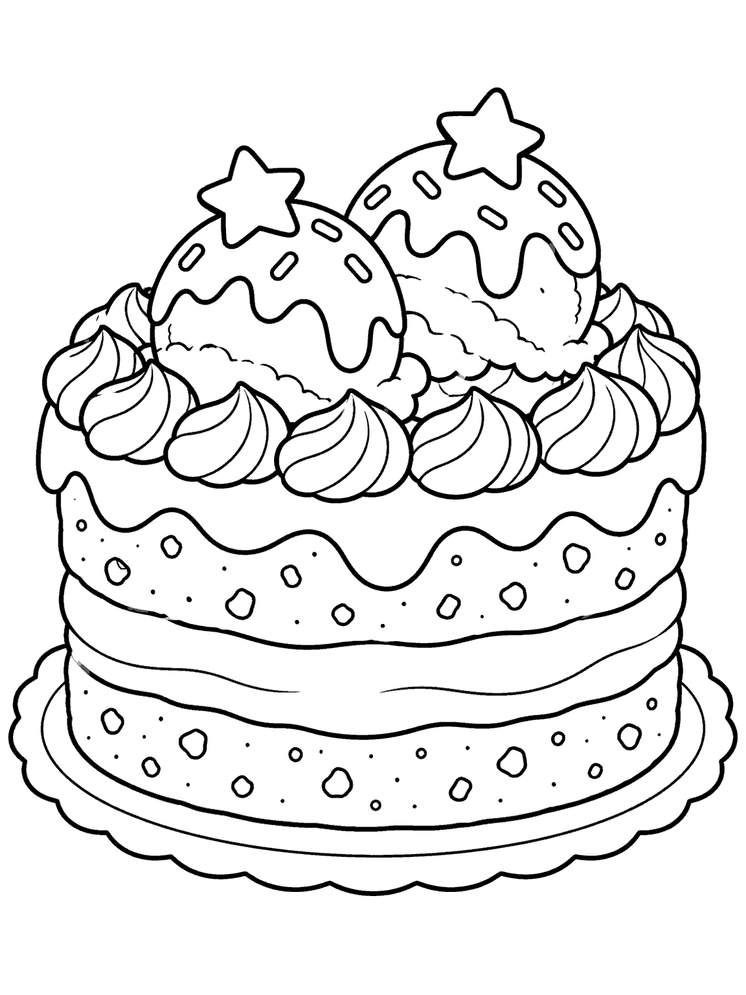Two-layer ice cream cake with filling, scalloped frosting, two star-topped scoops, and a serving plate coloring page