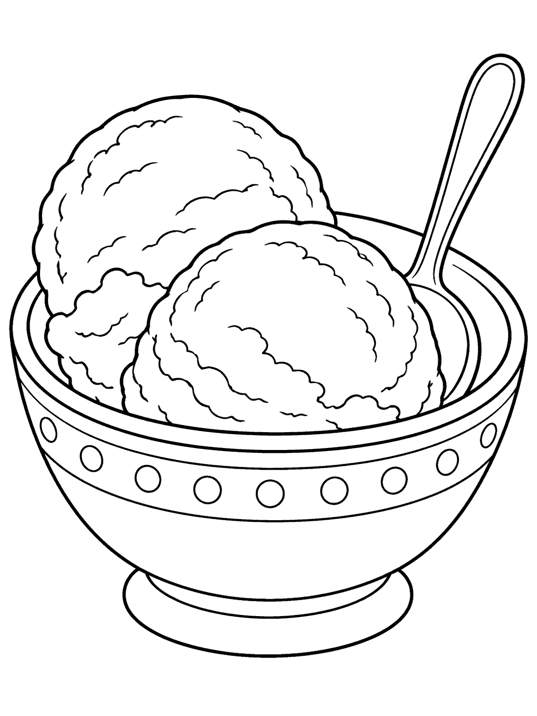 Two large scoops of ice cream in a dotted ceramic bowl with an angled spoon, coloring page