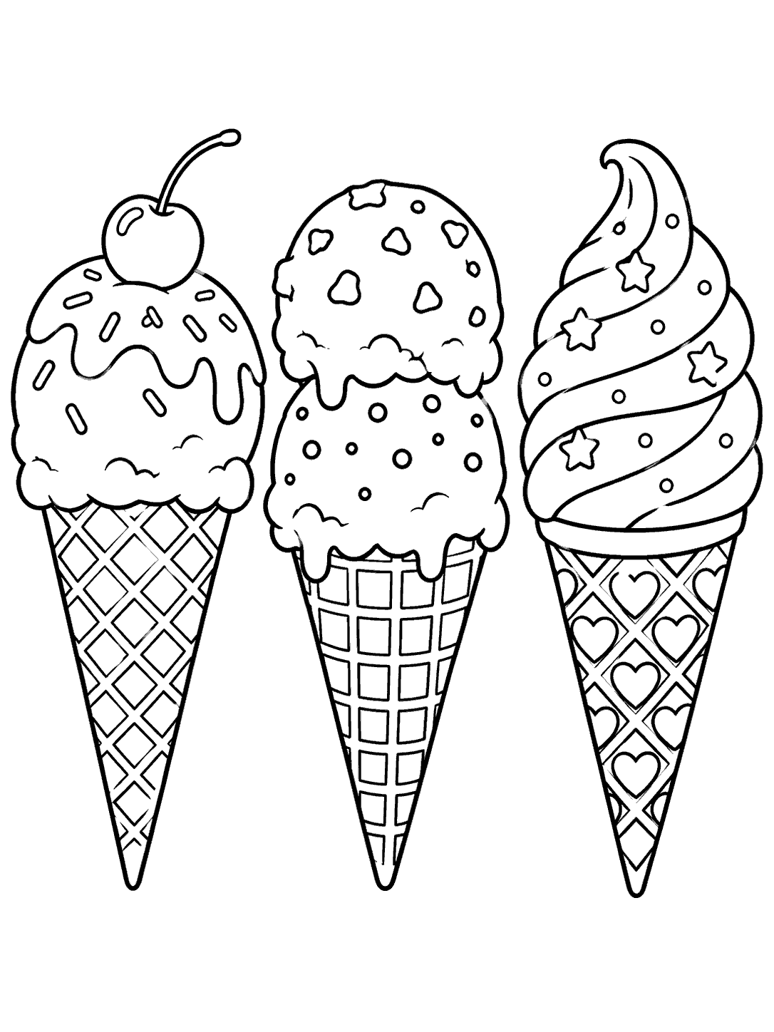 Black-and-white coloring page with three separate ice cream cones: one topped with a cherry, one with two scoops, and one with soft-serve swirls.