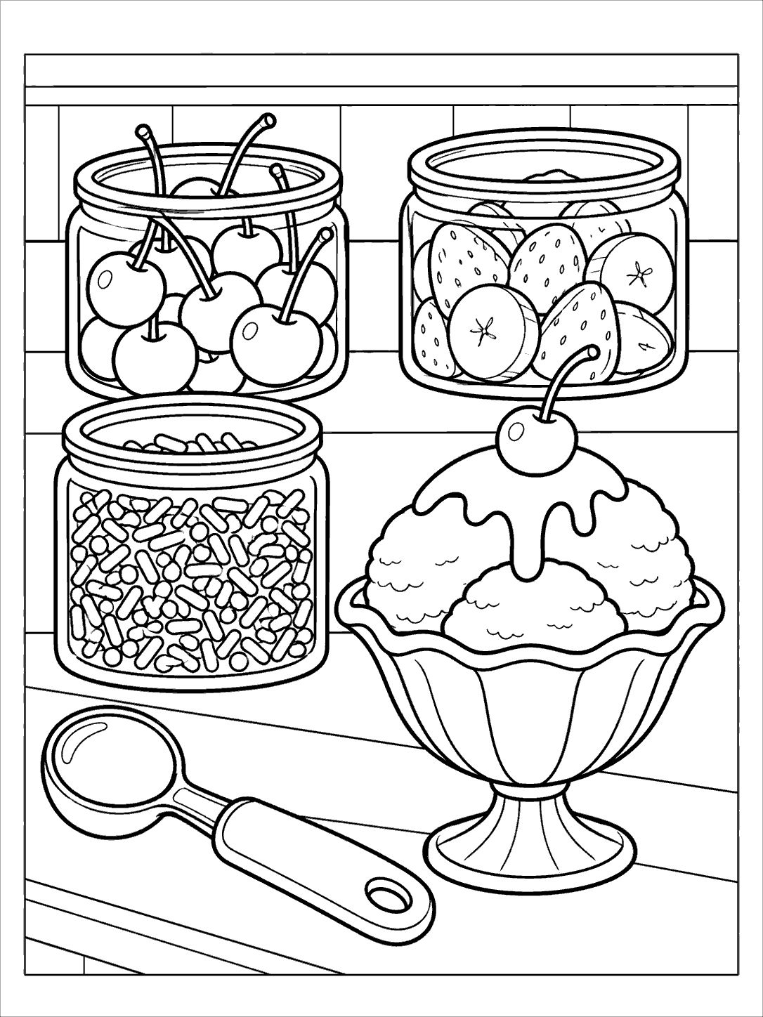 Black-outline coloring page of three topping jars, an ice cream scoop, and a cherry-topped sundae dish on a counter.