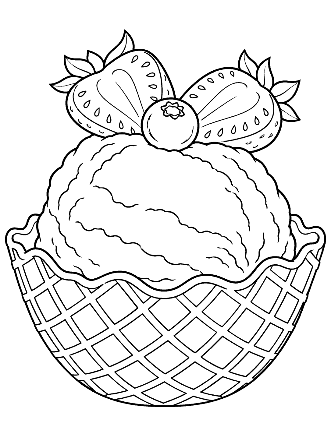 Ice cream in a crosshatched waffle bowl with strawberries and a blueberry coloring page